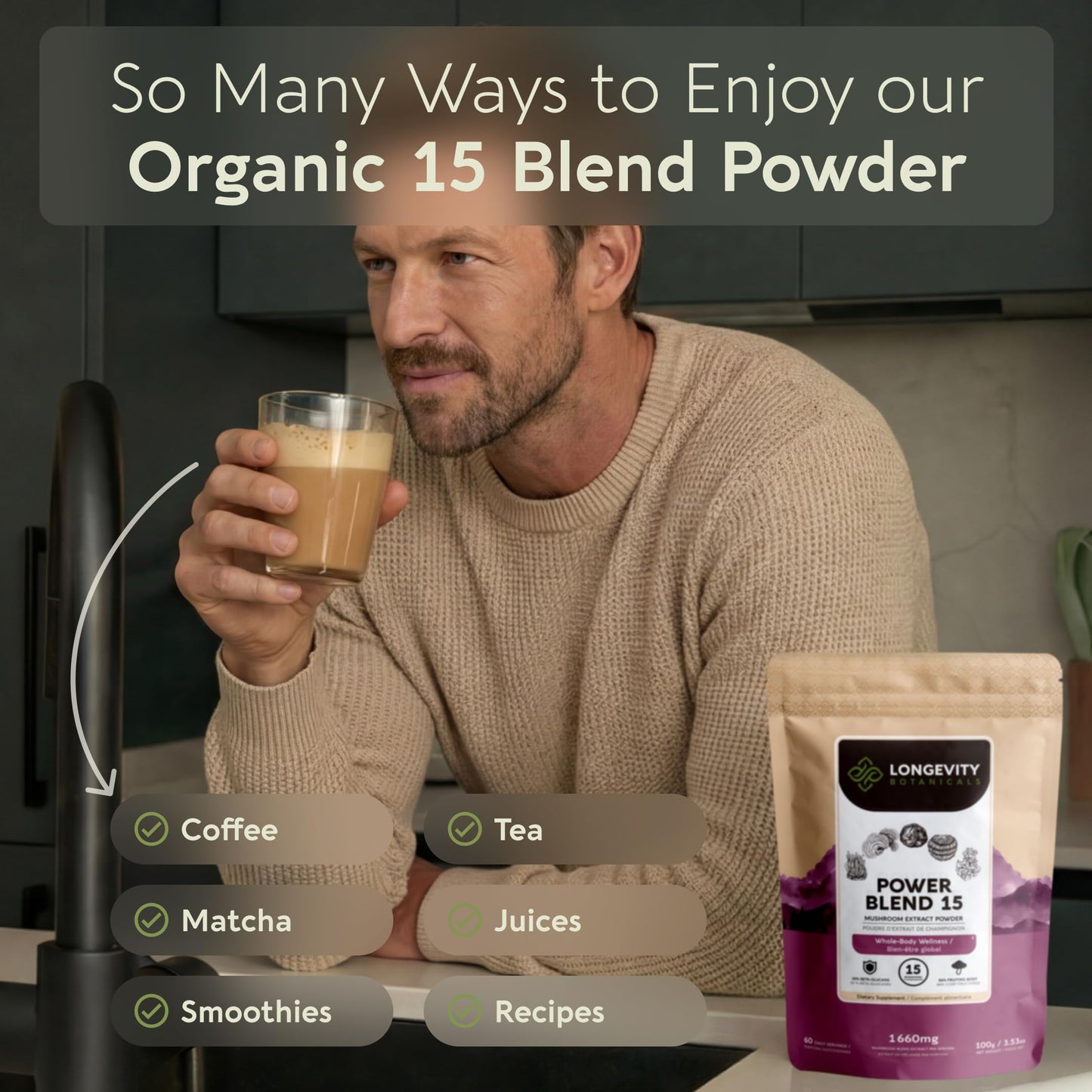 Longevity Botanicals Power 15 Mushroom Blend Powder 3.53 Ounce