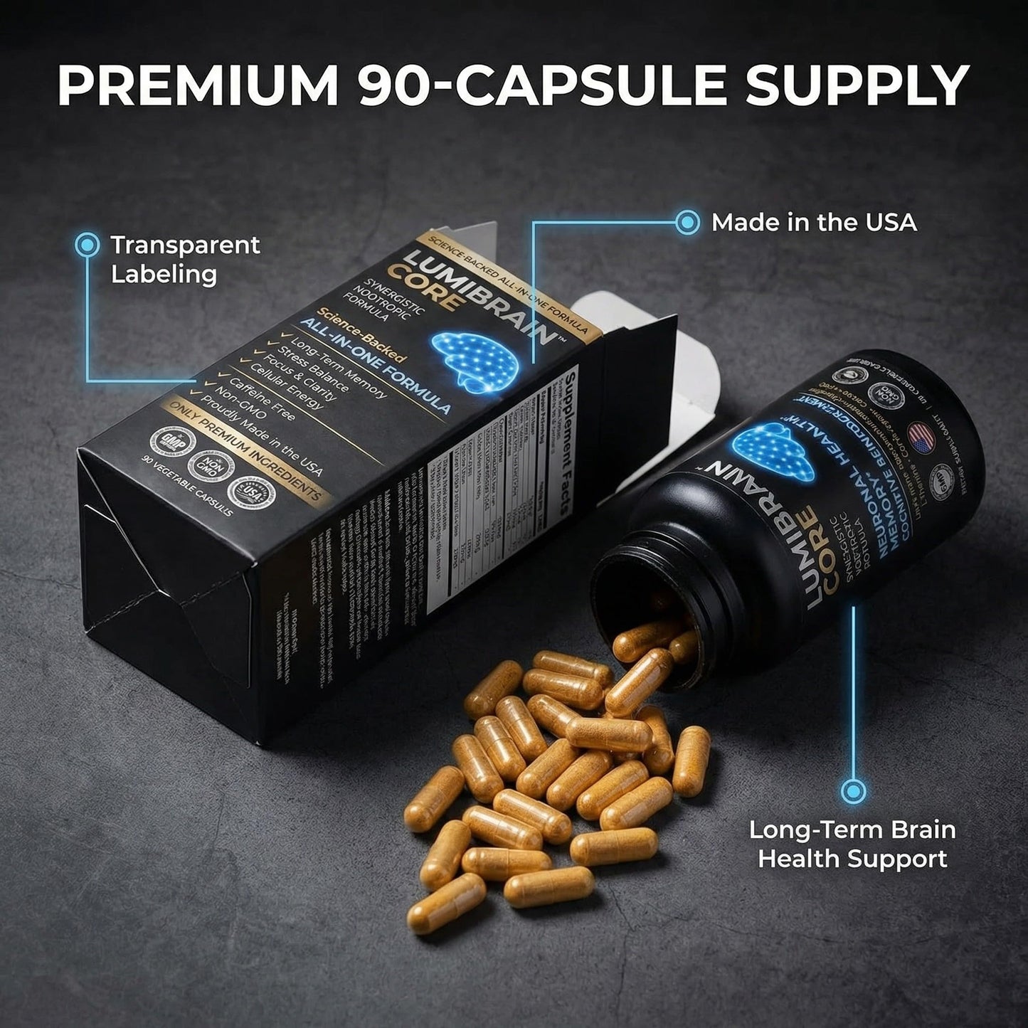 LumiBrain CORE Brain Supplement for Memory and Focus, Caffeine-Free Nootropic for Brain Energy, 90 Capsules