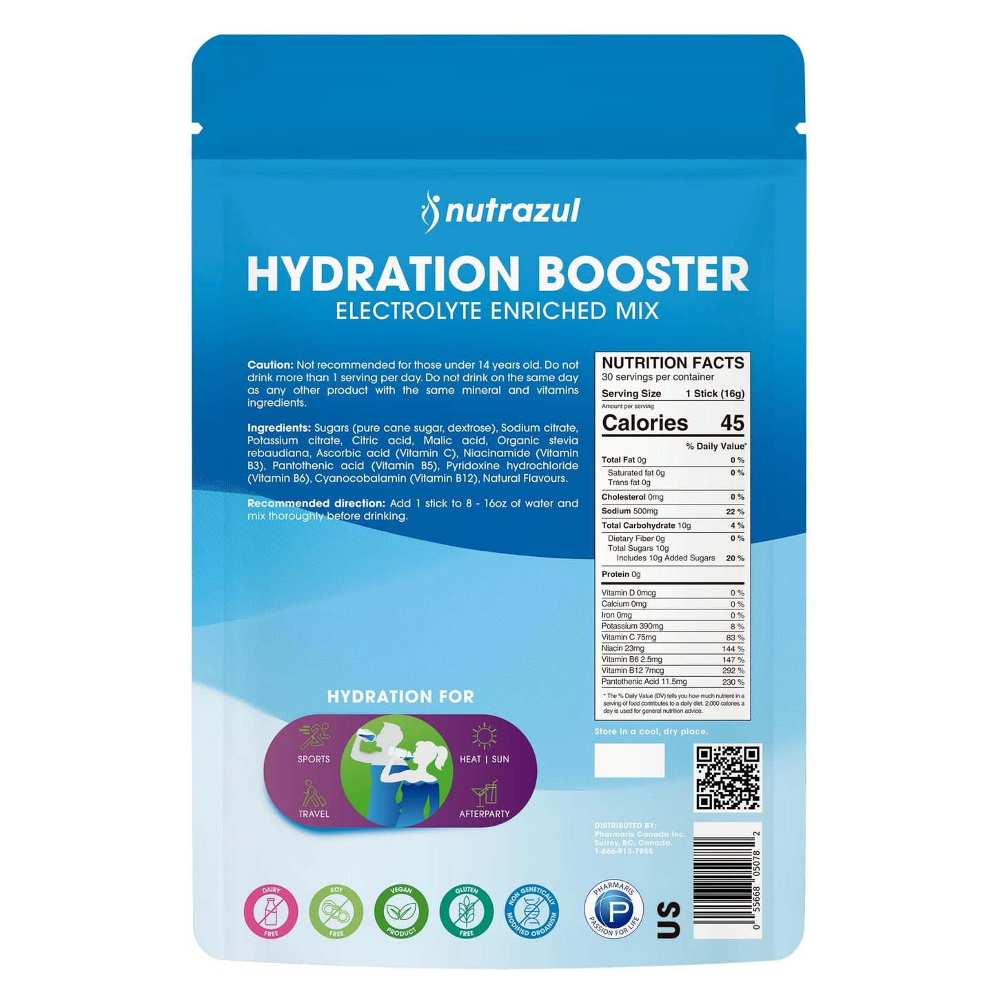 Nutrazul Hydration Booster Electrolytes Powder Sticks with Sodium, Potassium, Vitamin B6 & B12, No Artificial Sweeteners, Acai Berry Flavor, 30 Sticks