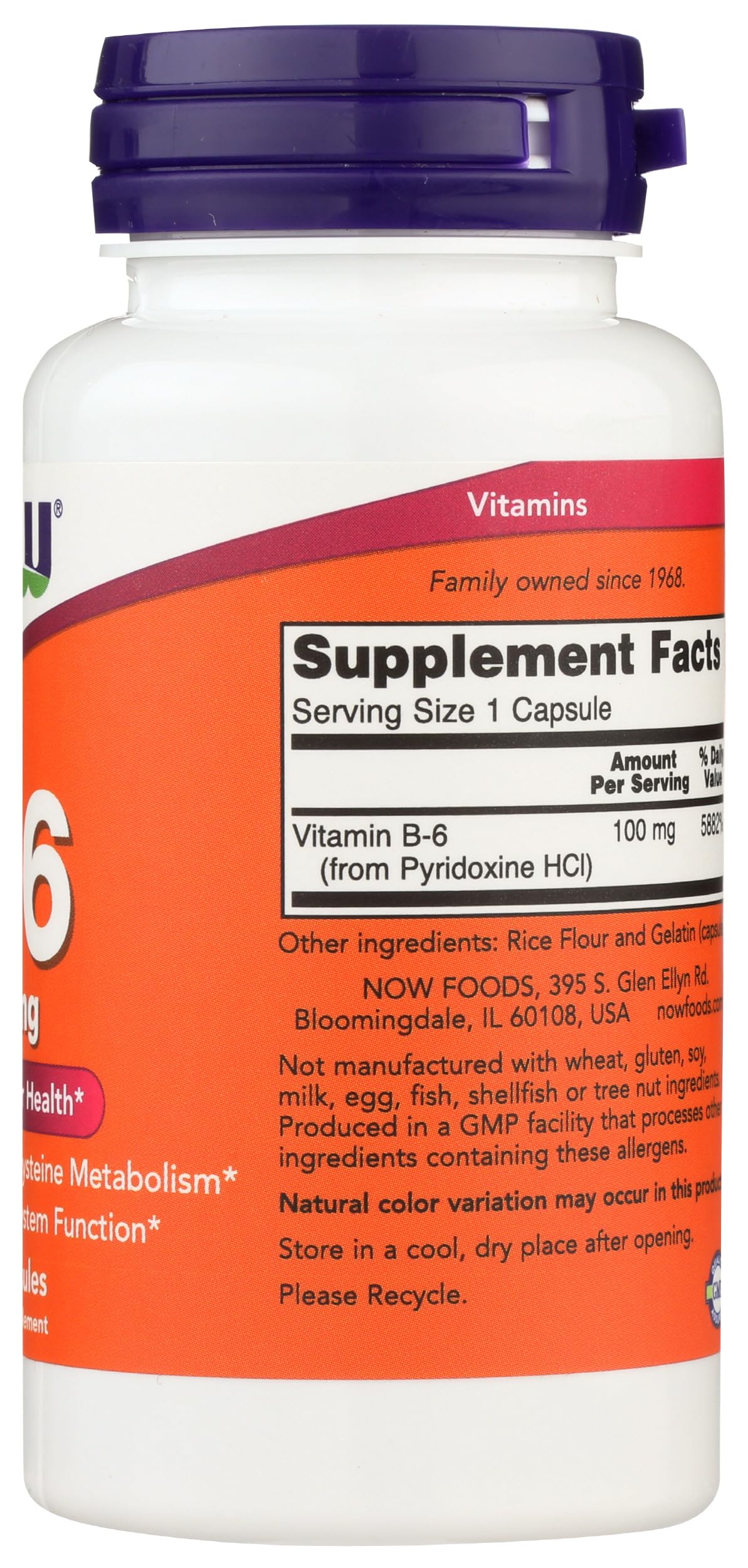 NOW Foods Vitamin B6 100 mg Capsules, 100 Count