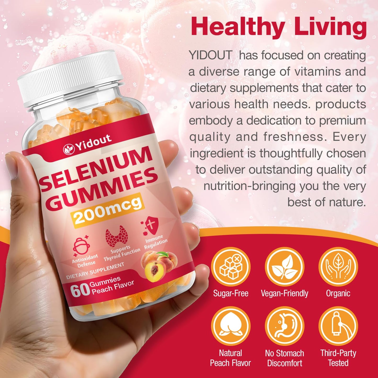 Yidout Selenium Supplement for Thyroid Support Gummies 200mcg, 120 Count