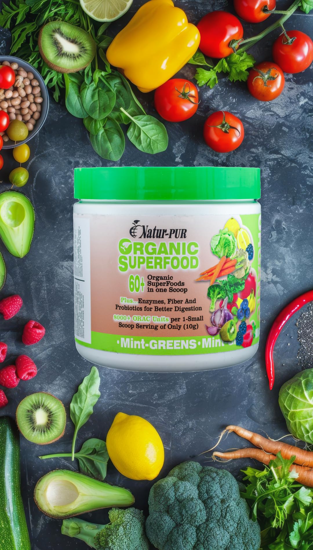 Natur-Pur Organic Superfood Fruit and Veggies Supplement – Organic Greens Greens Superfood Powder, Mint, 10.6 oz