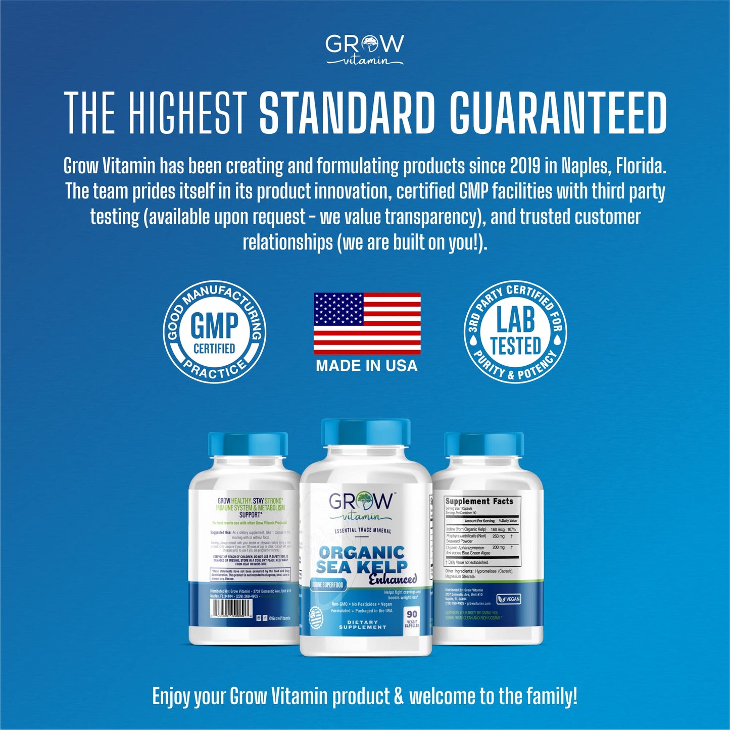 Grow Vitamin Organic Sea Kelp (Icelandic) Enhanced Thyroid Support Iodine Supplement with Blue-Green Algae & Red Algae, Immune System & Metabolism Support, 90 Capsules