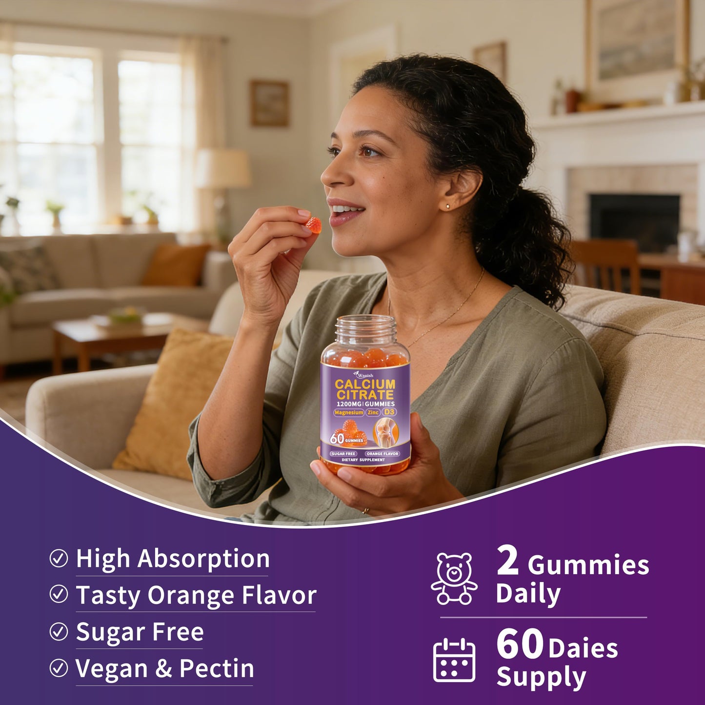 Wanish Calcium Citrate 1200 mg for Women, Calcium Magnesium Zinc Vitamin D3 Gummies, 180 Count