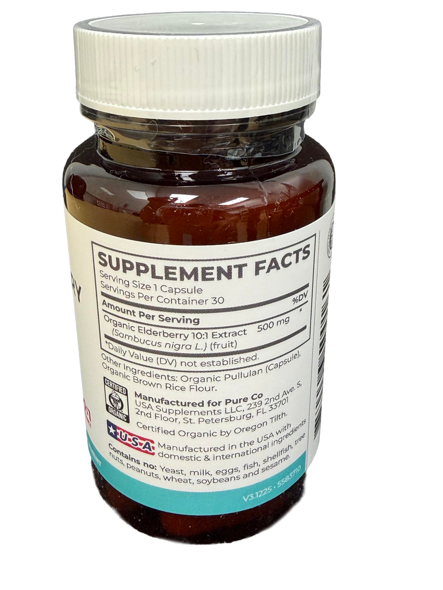 PURE CO Organic Elderberry 10:1 Extract 500mg per Capsule, Vegan Black Elderberry Supplement for Immune Support, Sambucus Nigra, 30 Capsules