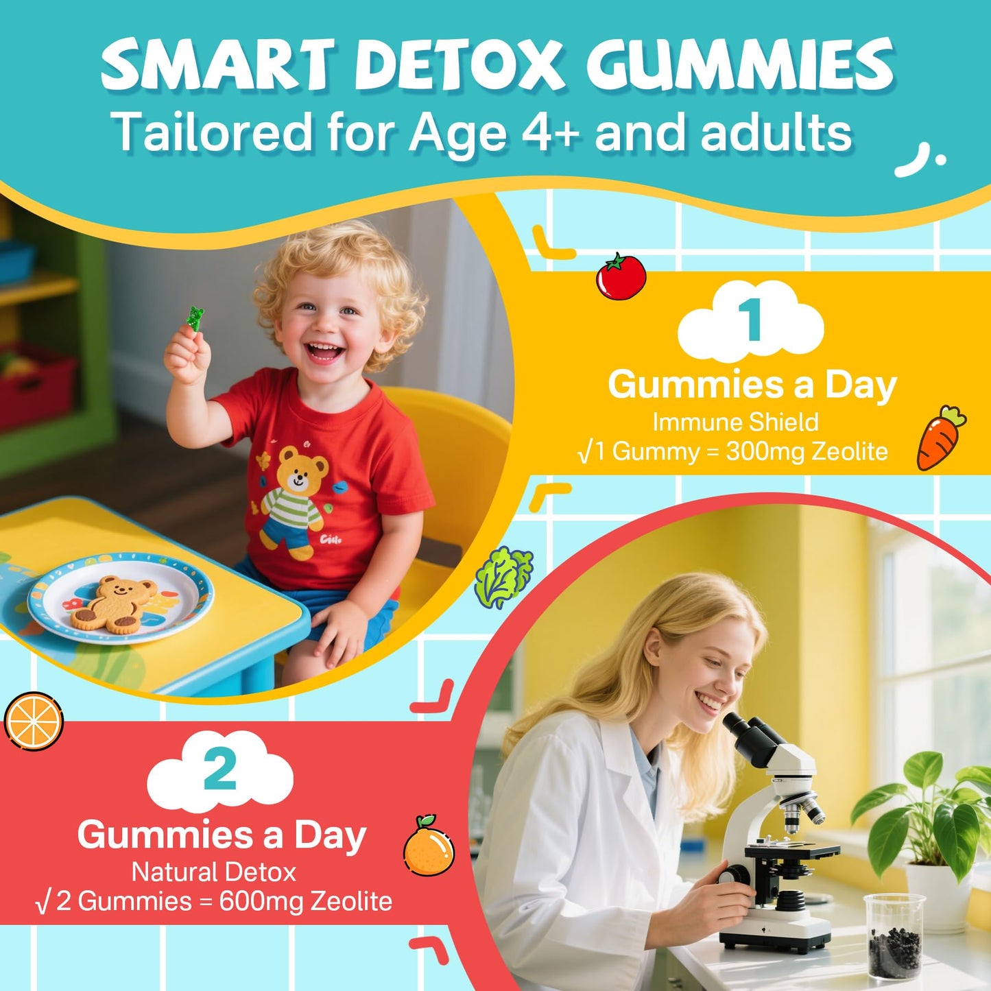 EnvyCure Zeolite Detox Gummies for Kids & Adults Sugar-Free with Spirulina, Chlorella, Milk Thistle, Magnesium Glycinate, Calcium Citrate for Energy, Focus, Digestive, Immune, Antioxidant, 60 Gummies