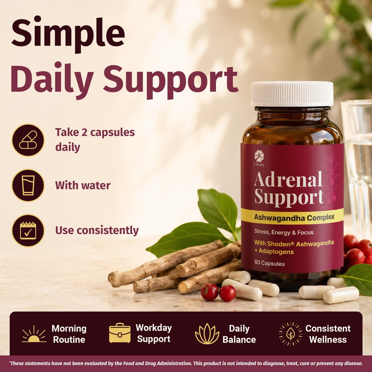 1 Body Adrenal Support Complex with Ashwagandha & Adaptogens, 60 Capsules