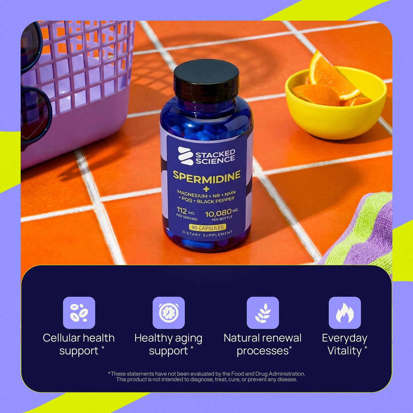Stacked Science Spermidine 12 mg with Proprietary Blend, NR, NMN, PQQ, Magnesium Bisglycinate, Black Pepper Capsules 90 Count