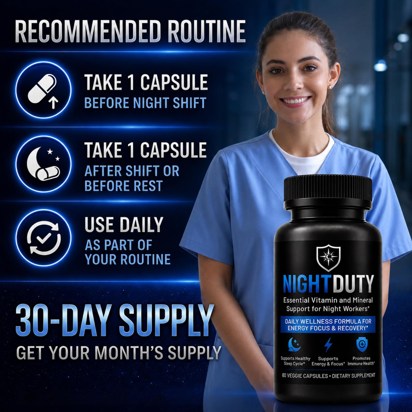 NIGHTDUTY Night Shift Essentials Multivitamin Capsule, 60 Count