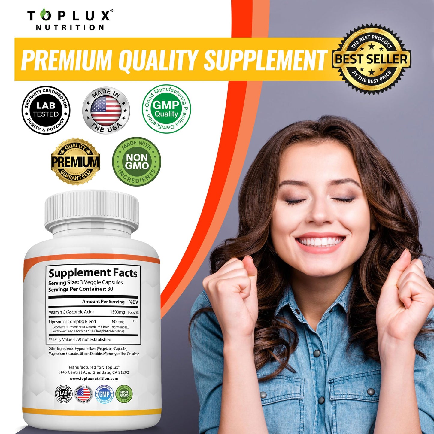 Toplux Liposomal Vitamin C 2100mg High Absorption Fat Soluble VIT C Capsule 90 Count