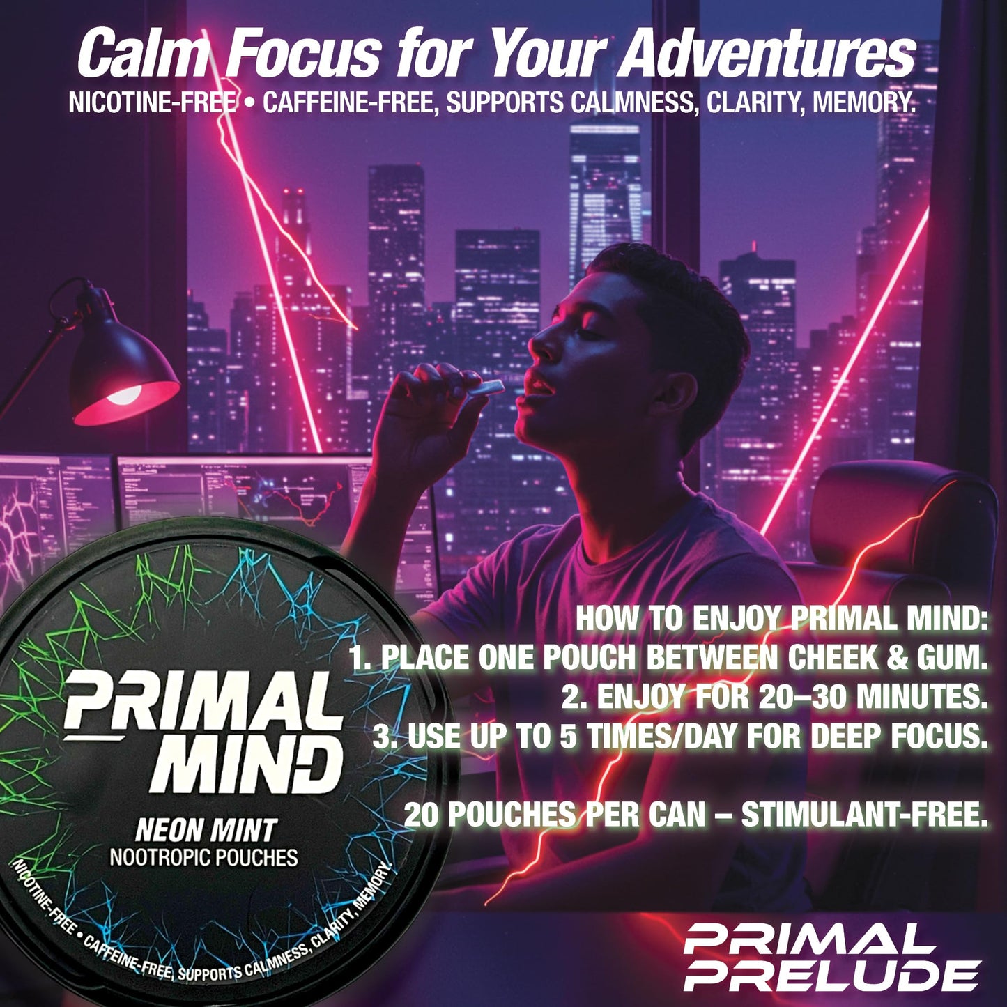 Primal Prelude Primal Mind Neon Mint - Stimulant-Free Calm Focus, L-Theanine + Bacopa Monnieri + Ginkgo Biloba, 100 Tablets