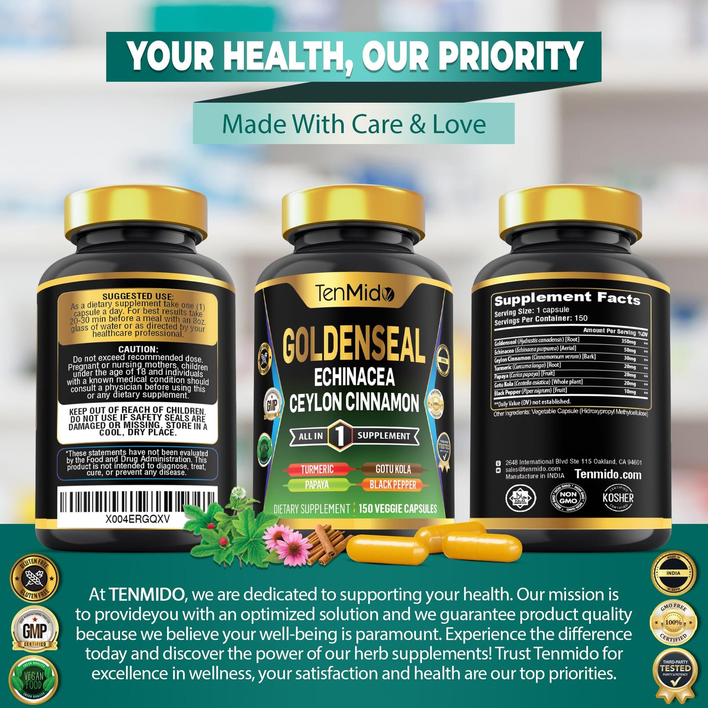 Tenmido Goldenseal Root Supplement Capsules, 150 Count