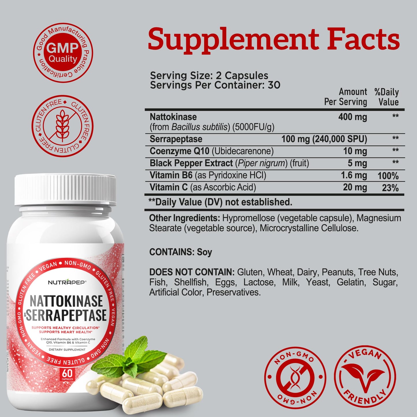 NutraPep Nattokinase 2000 FU Serrapeptase 240000 SPU Supplement Capsule 60 Count