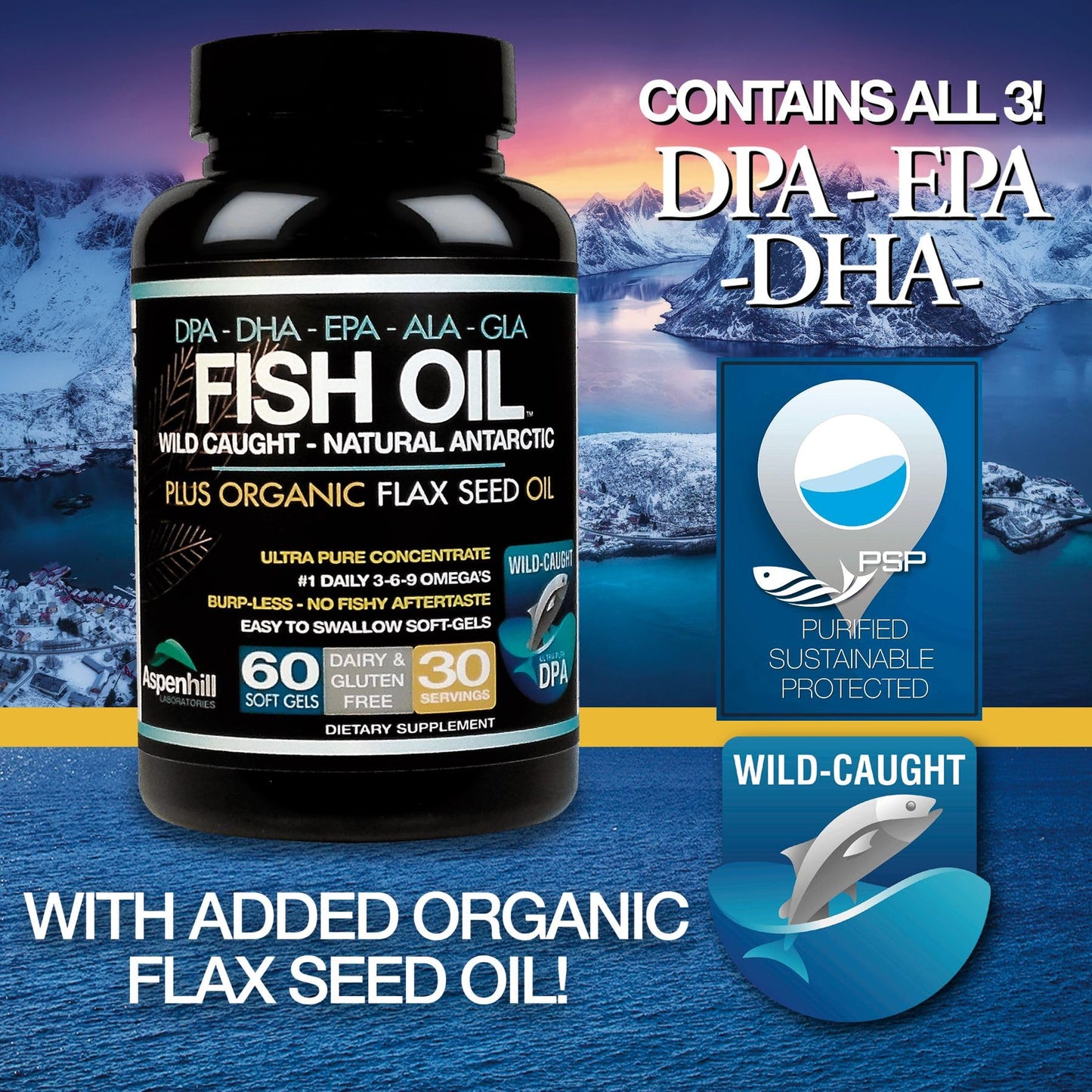 Aspenhill Laboratories Triple Strength Wild Caught Antarctic Fish Oil Omega-3 with Organic Flax Seed Omega Ultra Blend DPA-EPA-DHA-GLA-ALA Softgels 60 Count