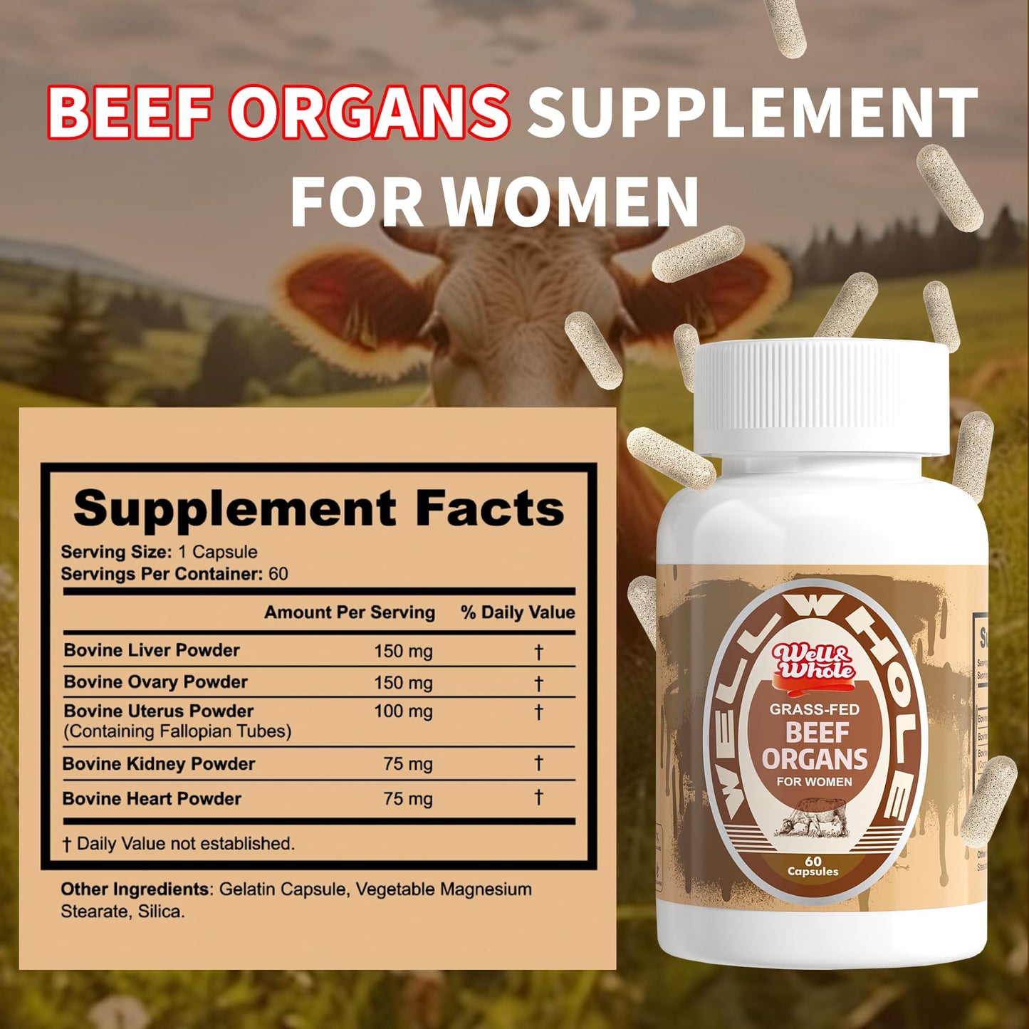 Well&Whole Grassfed Beef Organ Supplement Capsules, 60 Count