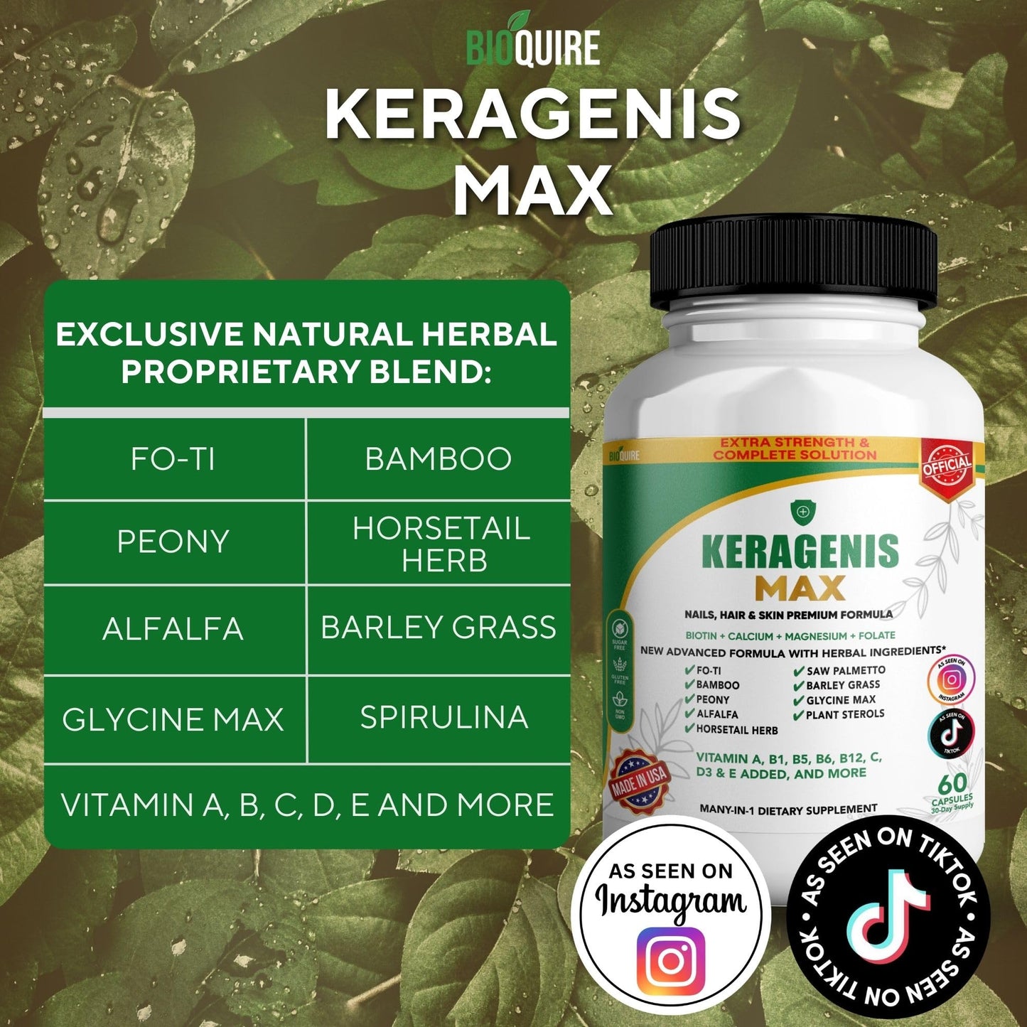 BIOQUIRE Keragenis Max Hair, Skin & Nails Supplement with Biotin 5000mcg Capsules, 60 Count