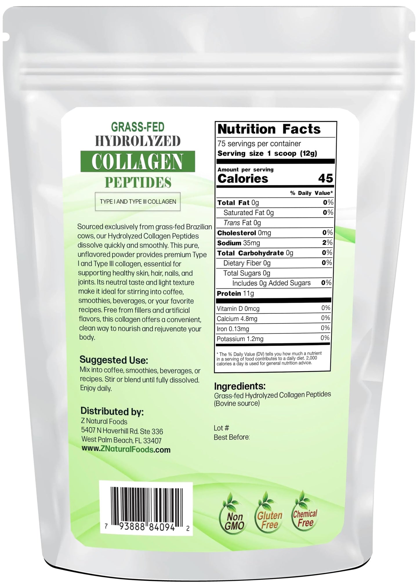 Z Natural Foods Collagen Peptides Powder - Grass-Fed Hydrolyzed Collagen Type I & III, Unflavored - for Skin, Hair, Nails & Joints - Keto & Paleo Friendly, 32 oz