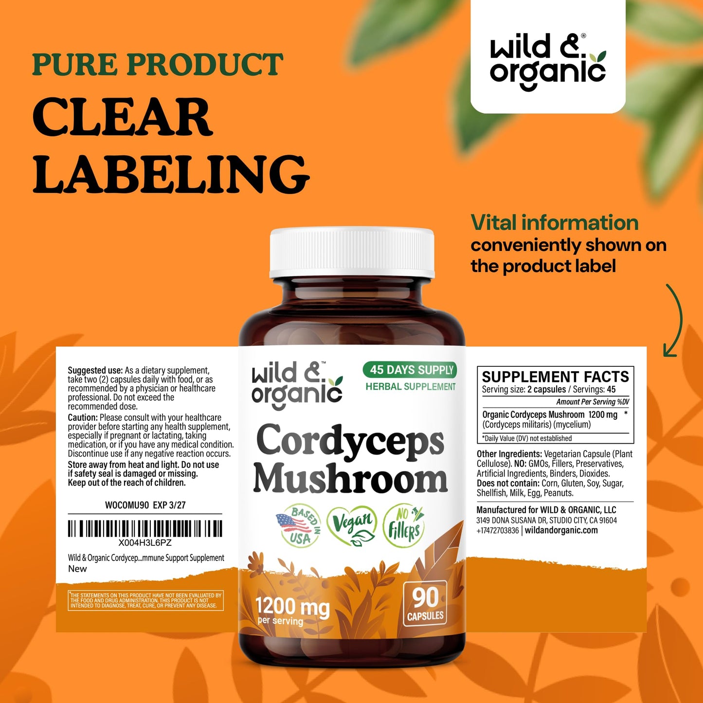 Wild & Organic Cordyceps Capsules 1200 mg 90 Count