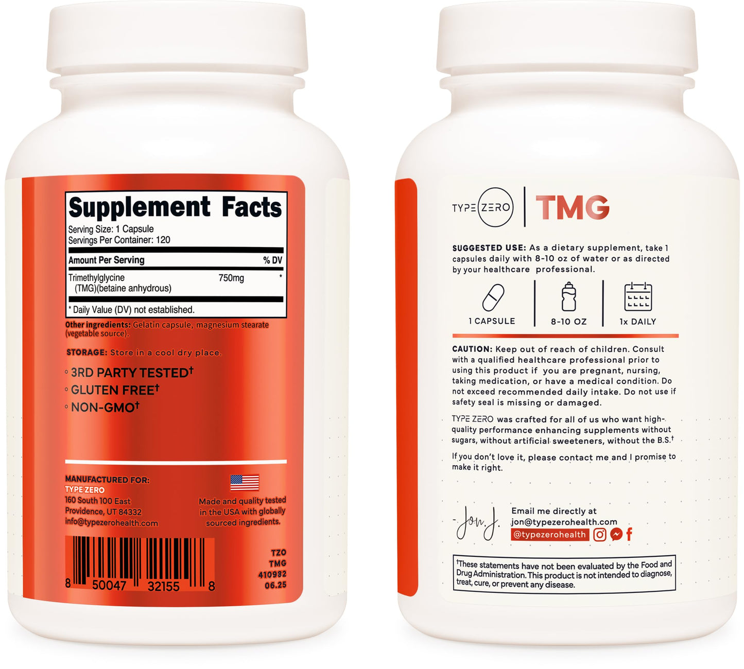 Type Zero Clean TMG (Trimethylglycine) 750mg Capsules, 120 Count