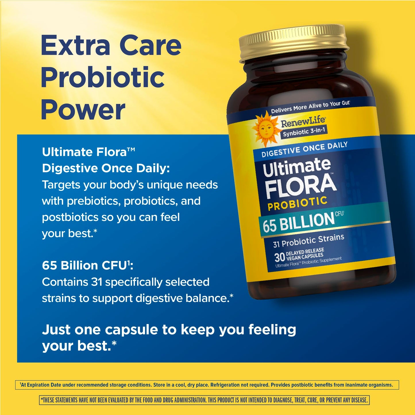 Renew Life Ultimate Flora Digestive Probiotic 65 Billion CFU | 31 Strains Capsule, 30 Count