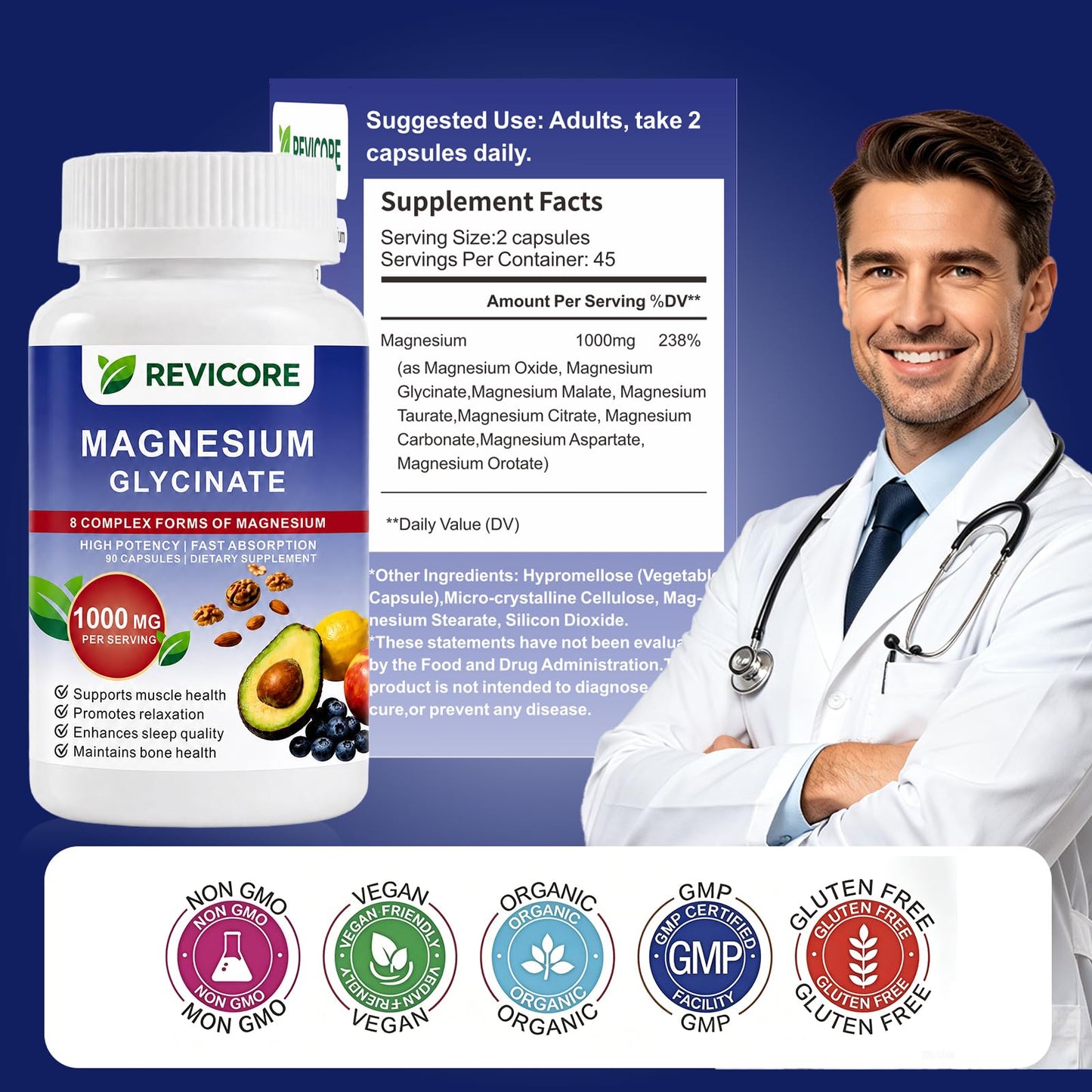 REVICORE Magnesium Complex 1000mg 8-in-1 Capsules, 90 Count