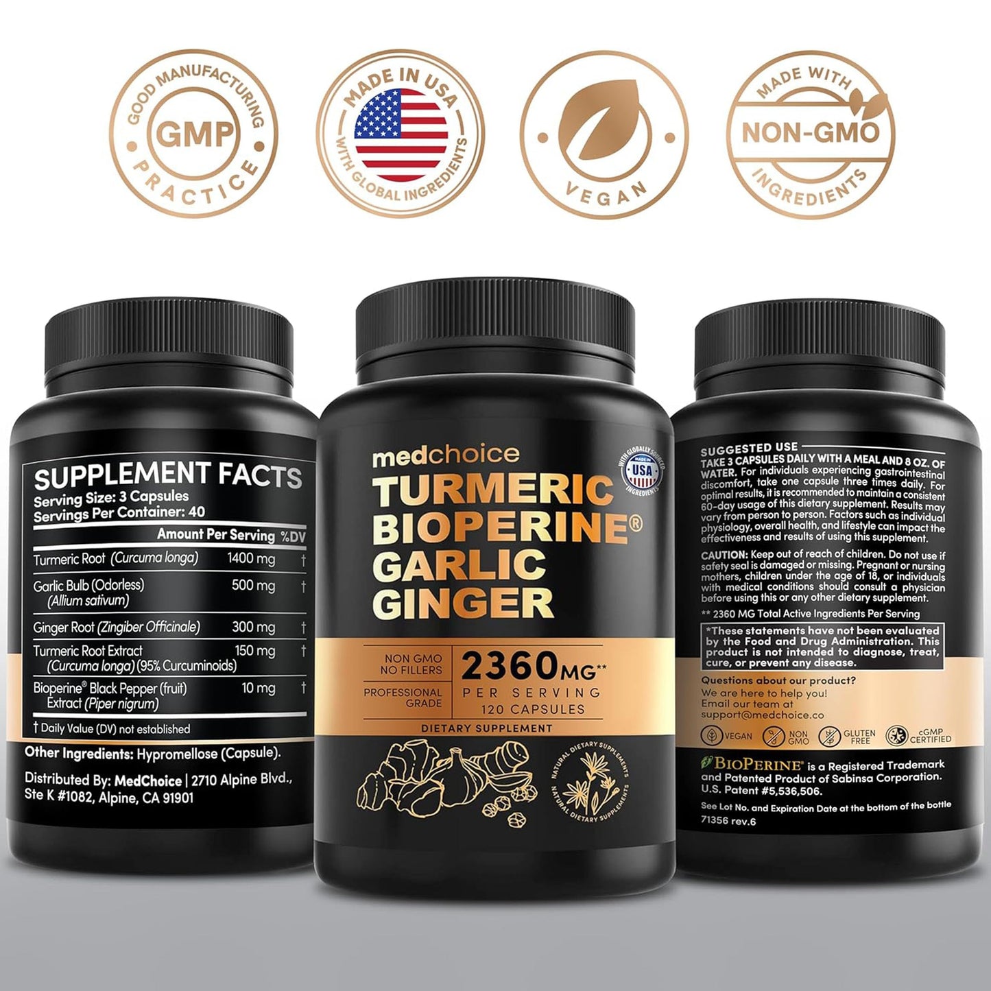 MEDCHOICE 4-in-1 Turmeric Joint Support with Garlic and BioPerine, 2360 mg High Potency Herbal Blend, 240 Capsules