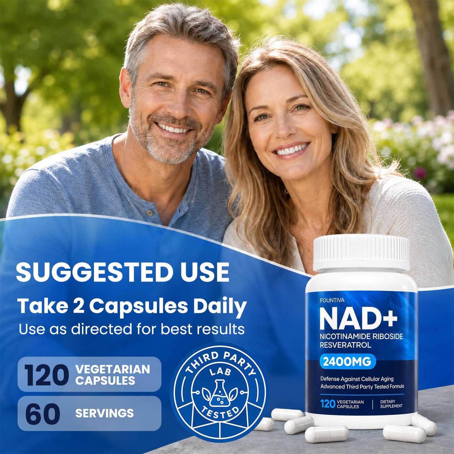 FOUNTIVA Liposomal NAD Supplement 2400mg NAD+ Nicotinamide Riboside with Resveratrol, CoQ10, TMG & PQQ Capsules, 120 Count