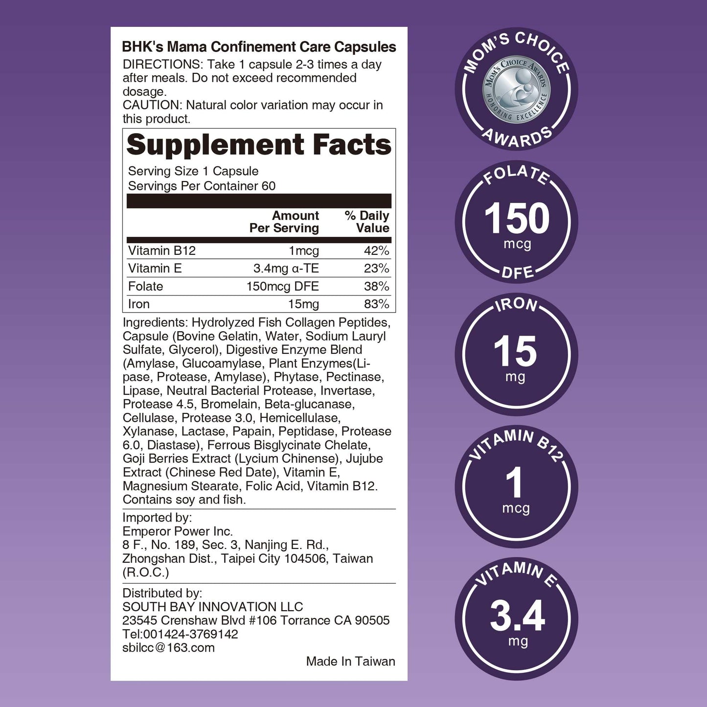 BHK's Nutrition for Postpartum Recovery, Improve Mood After Birth, Postnatal Vitamins for Breastfeeding Moms, 60 Capsules