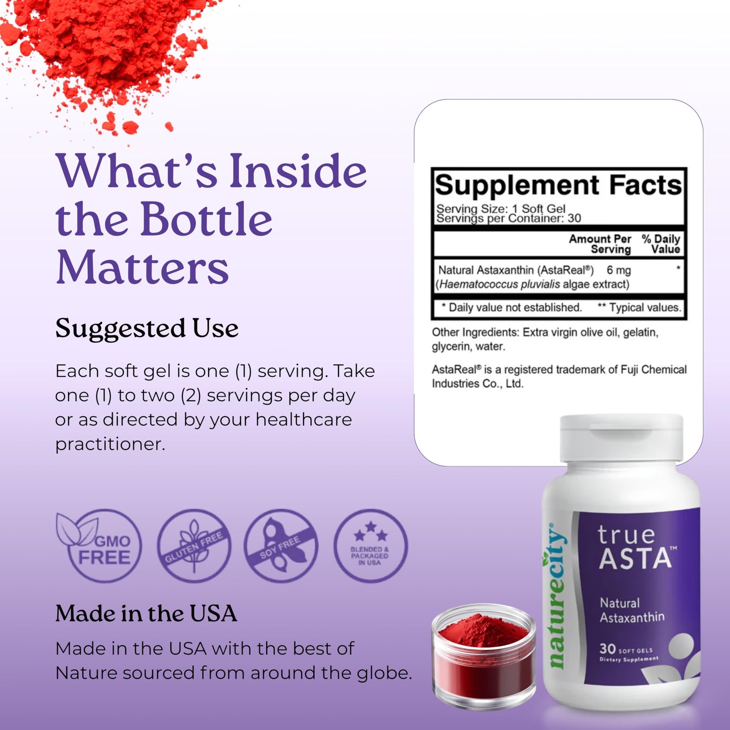 NatureCity TrueAsta 6mg Astaxanthin Supplement Softgels, 30 Count