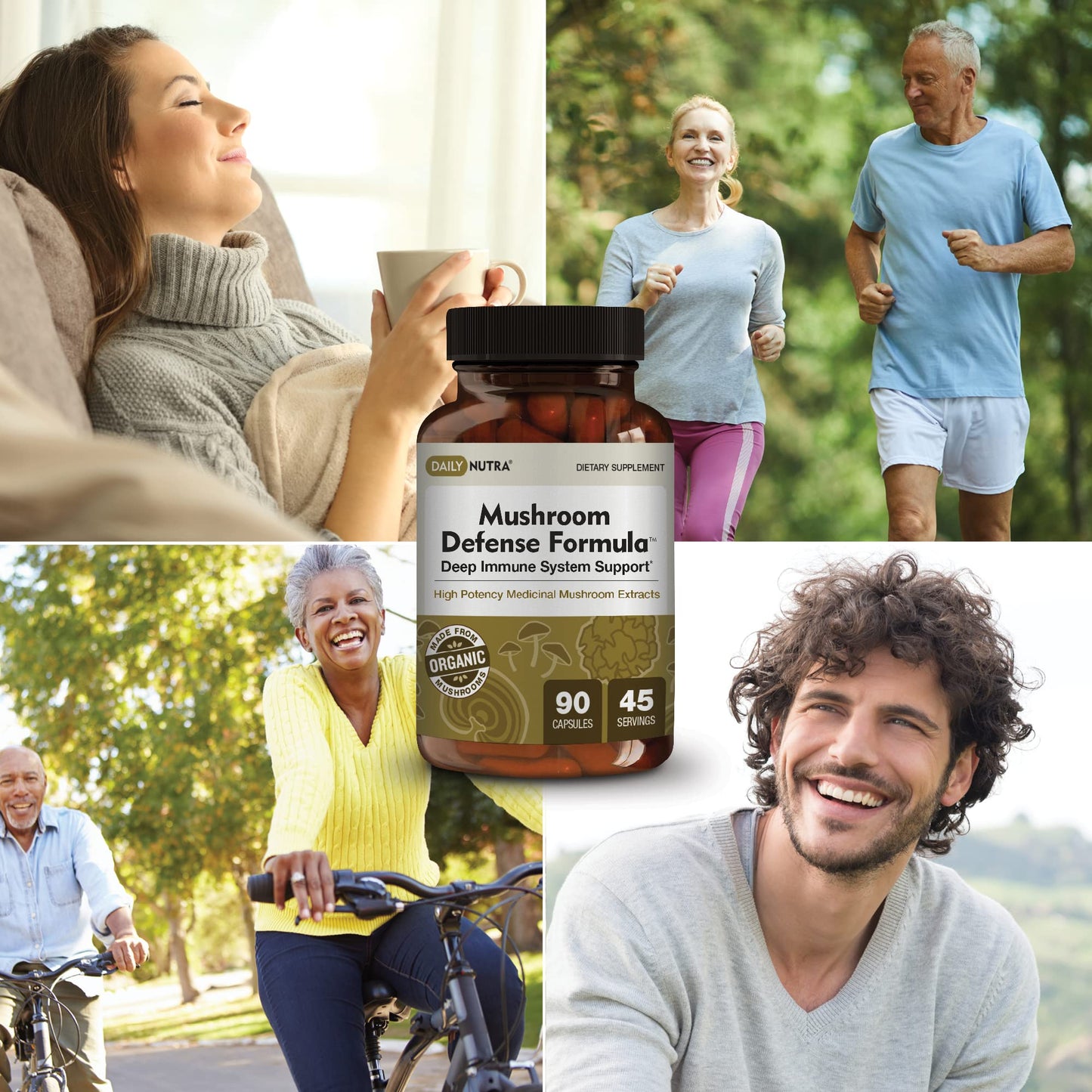 DailyNutra Mushroom Defense Formula Immune Support Supplement with Organic Mushrooms, Hot Water Extracted - Reishi, Chaga, Maitake, Shiitake & Turkey Tail 90 Capsules