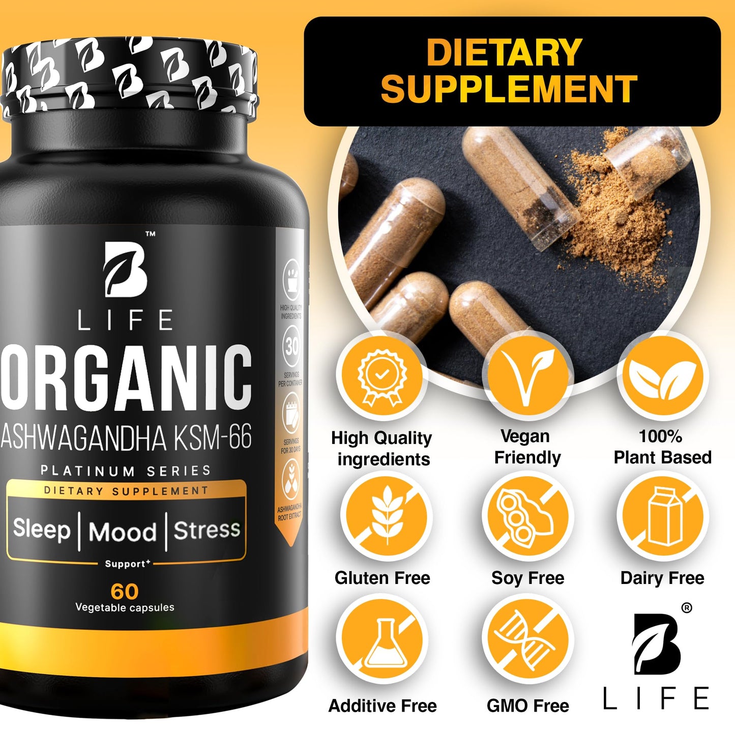 B Life Company Organic Ashwagandha KSM-66 1000 mg Capsule, 60 Count