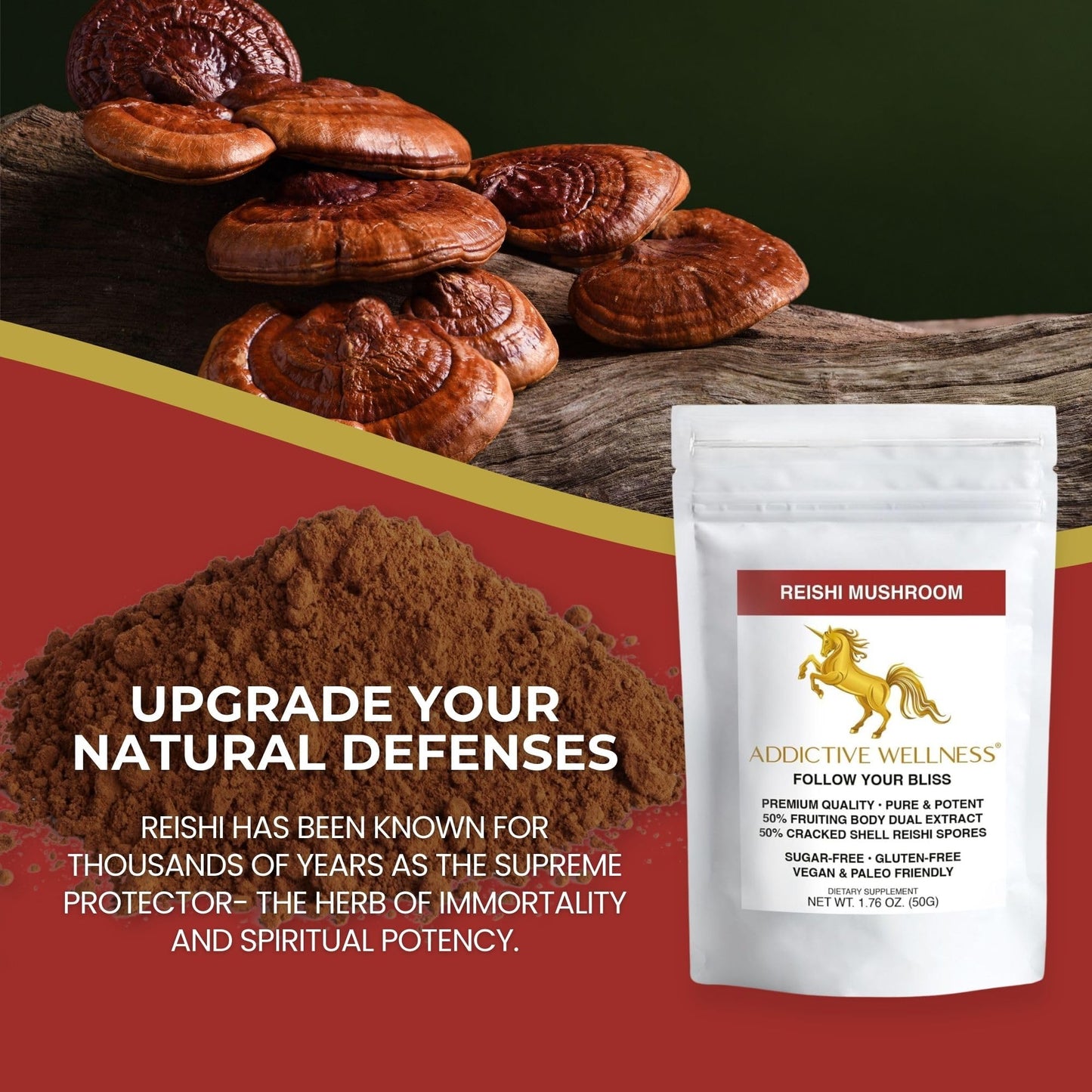 Addictive Wellness Reishi Mushroom Extract Powder + Spores (50/50 Blend) Wood Grown Pure & Potent Wildcrafted Ganoderma, 1.76 oz