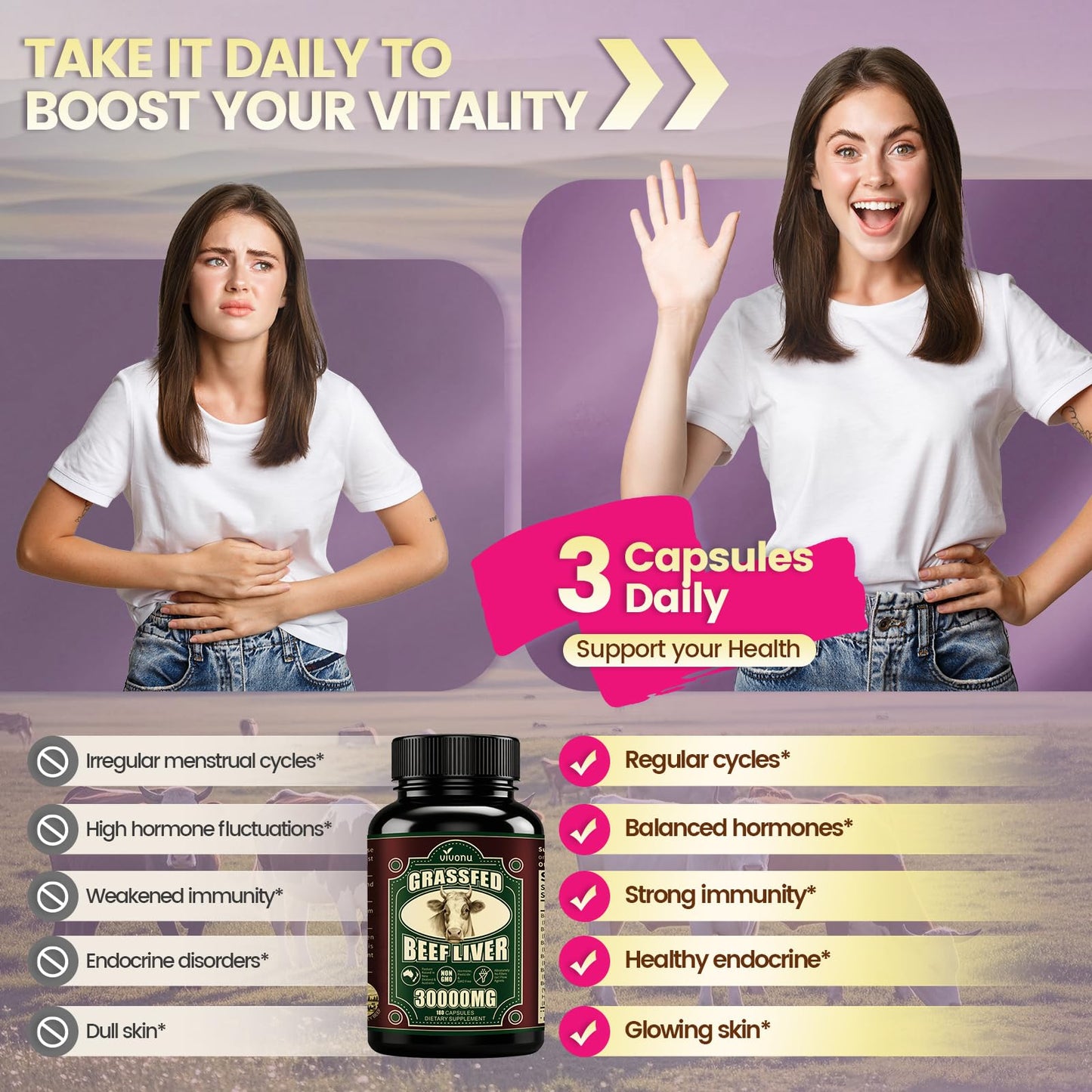 VivoNu Beef Organ Supplement for Women Capsules, 180 Capsules