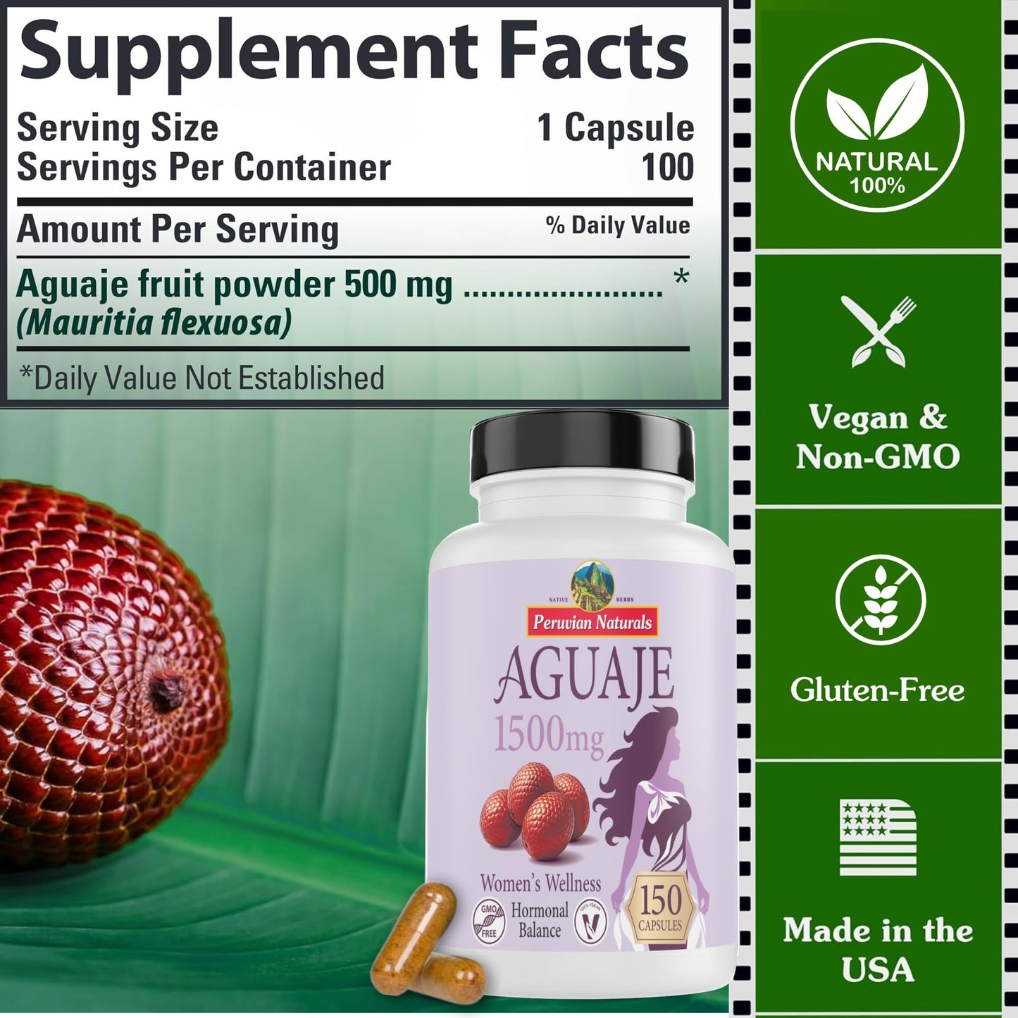 Peruvian Naturals Aguaje Capsules for Women, 300 Capsules