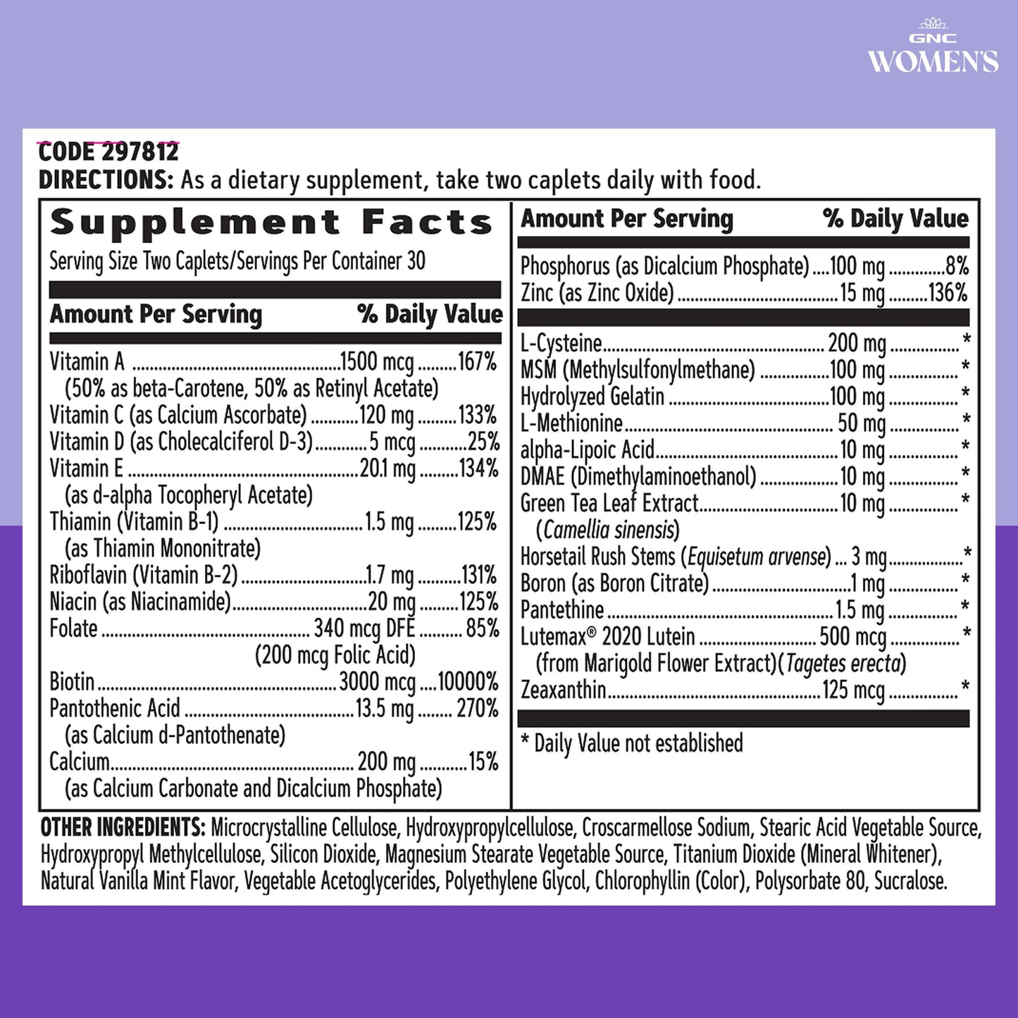 GNC Women's Hair, Skin & Nails Daily Multivitamin Blend Biotin 3,000 mcg, Hyaluronic Acid, Vitamins C & E with Niacin Added Antioxidants 60 Caplets