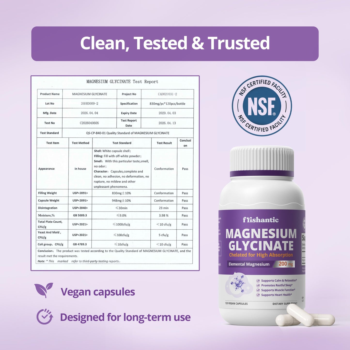 Frishantic Magnesium Glycinate 200mg Capsules, 120 Count
