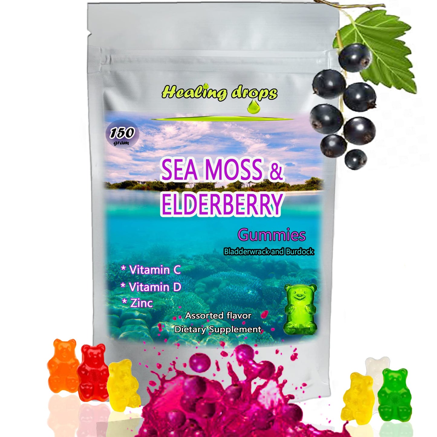 HEALING DROPS Irish Sea Moss Gummies Chewable Elderberry-Mix 50 Count