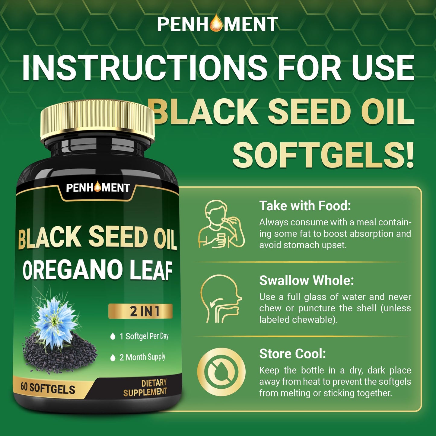 Penhoment 550 mg Black Seed Oil with Oil of Oregano Softgels, 60 Count