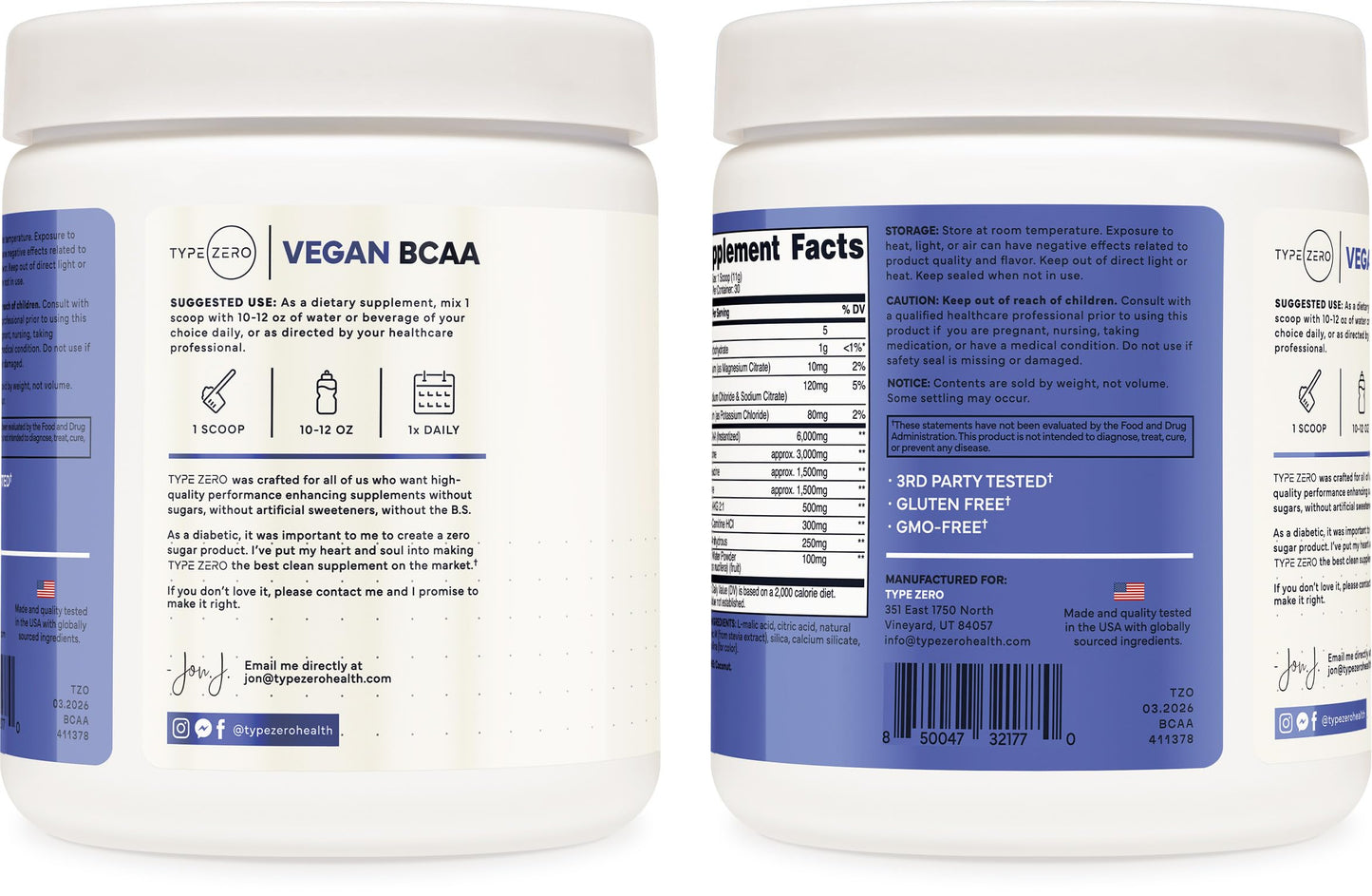 Type Zero Ultra Clean Vegan BCAA + Electrolytes (Blue Raspberry) Powder 11.9 Ounces