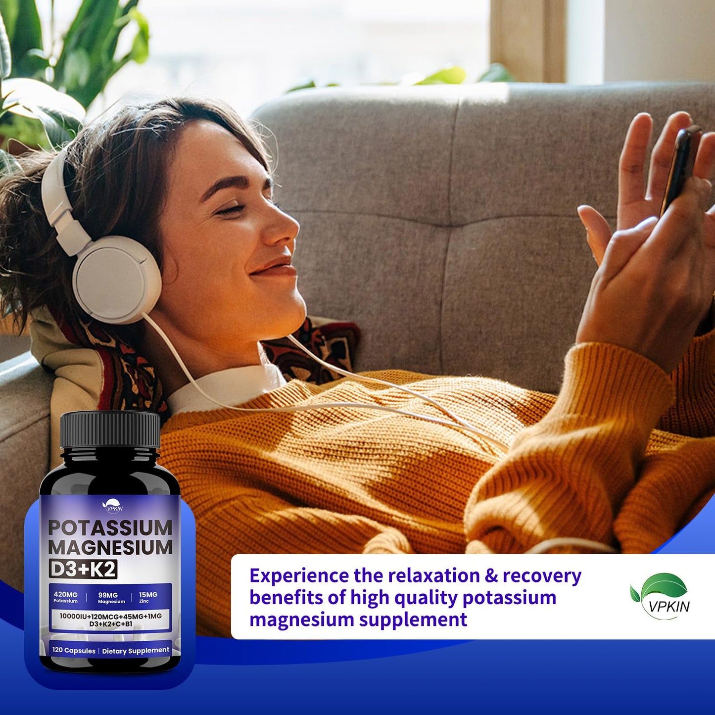 VPKIN Potassium Magnesium Zinc & D3 K2 Supplement Capsule, 120 Count