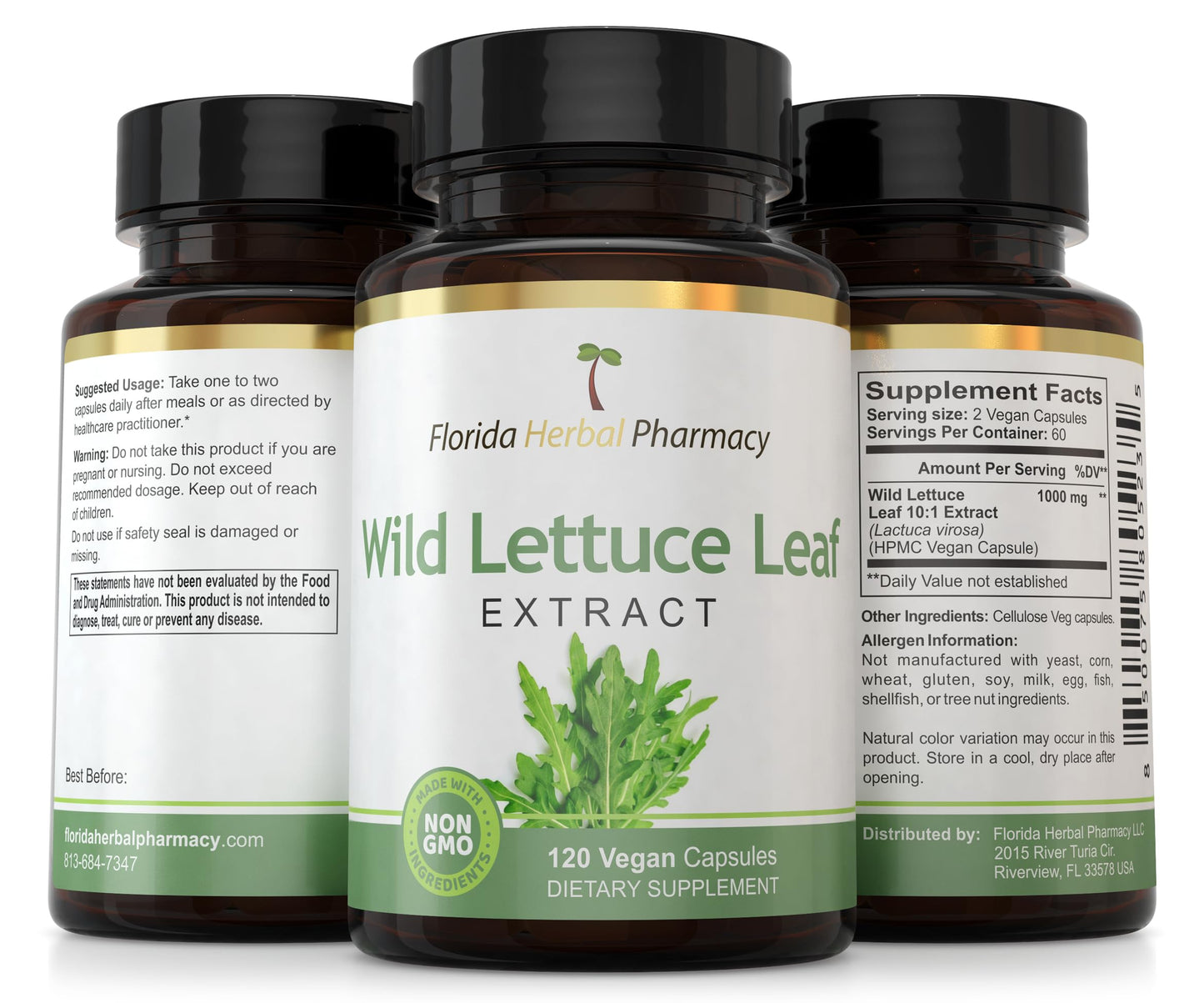 Florida Herbal Pharmacy Wild Lettuce Leaf Extract Supplement Capsules 120 Capsules
