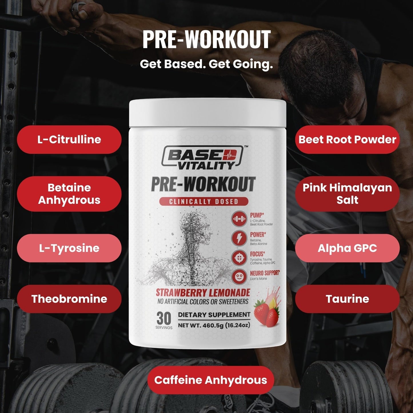 Based Vitality Pre-Workout Strawberry Lemonade Powder 16.24