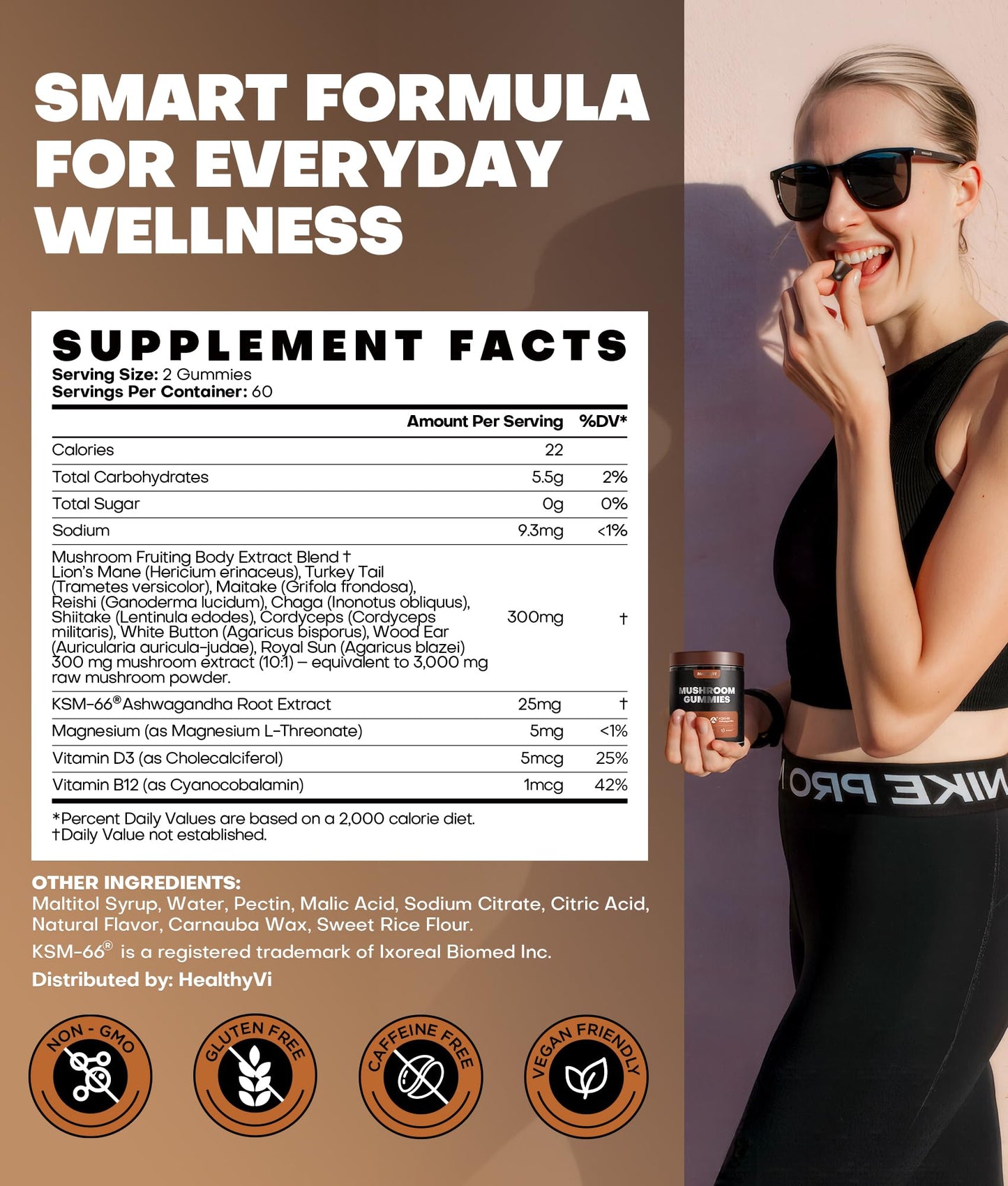 HealthyVi 10-In-1 Mushroom Gummies with KSM-66 Ashwagandha & Magnesium Threonate Boosts Focus, Memory & Cognitive, 120 Gummies