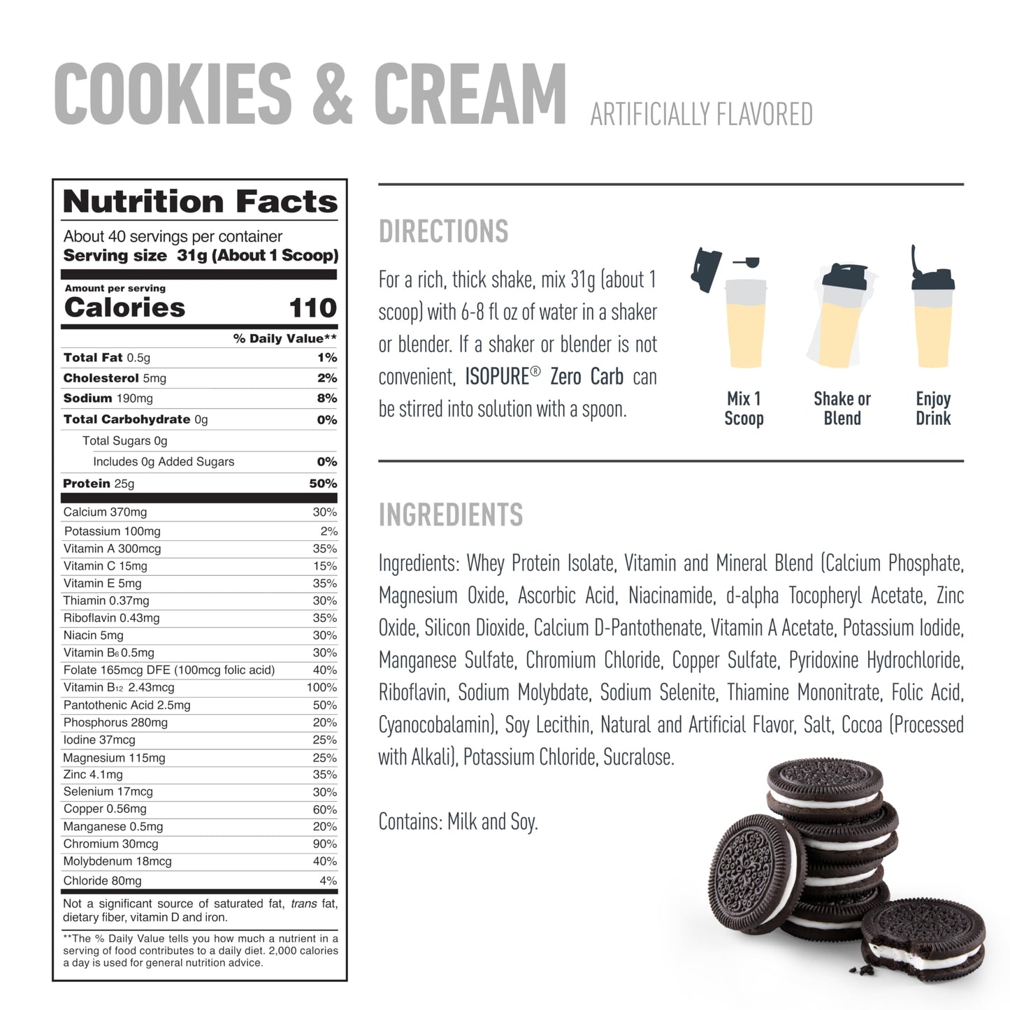 Isopure Zero Carb Whey Isolate Protein Powder Cookies & Cream 48