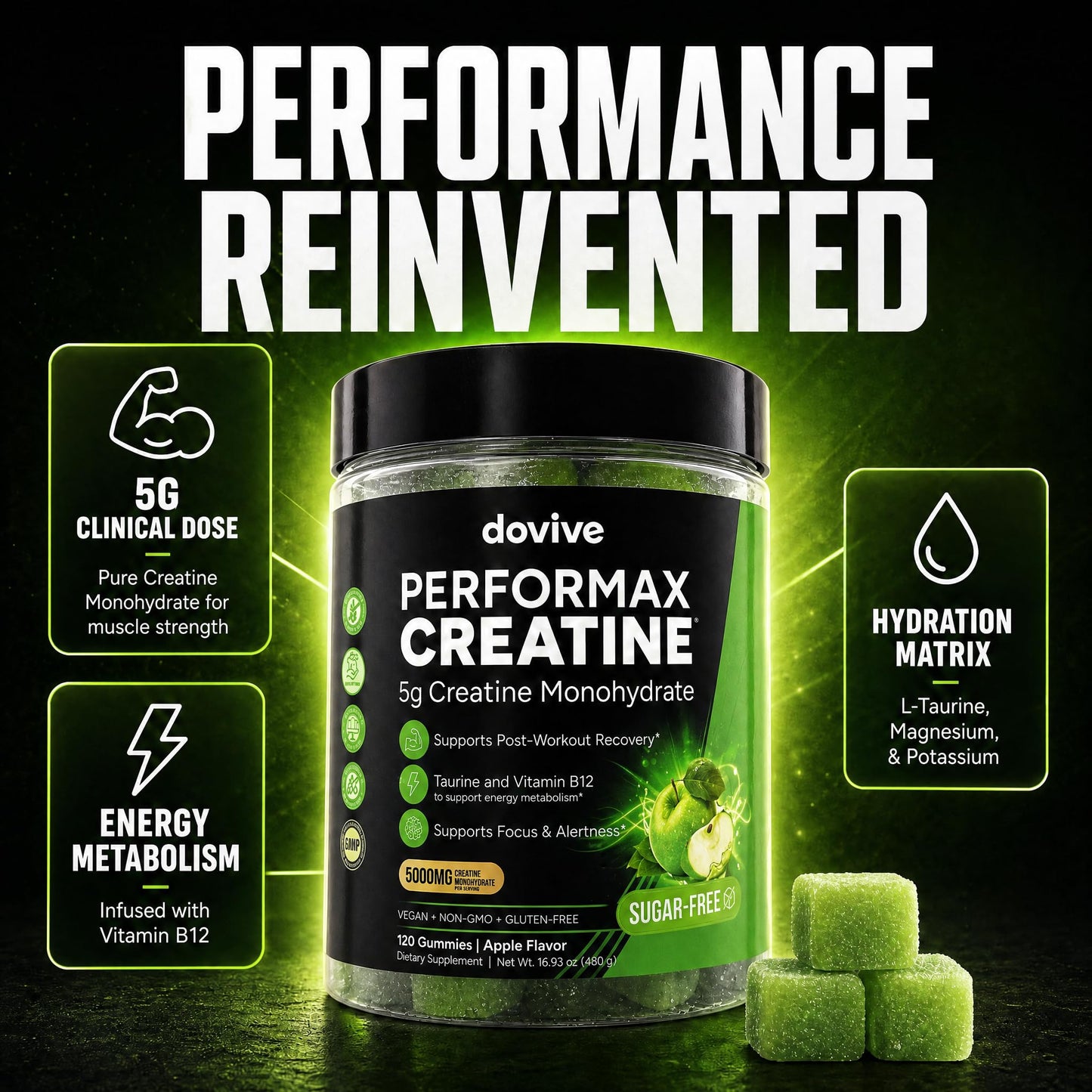 DOVIVE Creatine Monohydrate 5000mg Green Apple Gummy, 120 Count