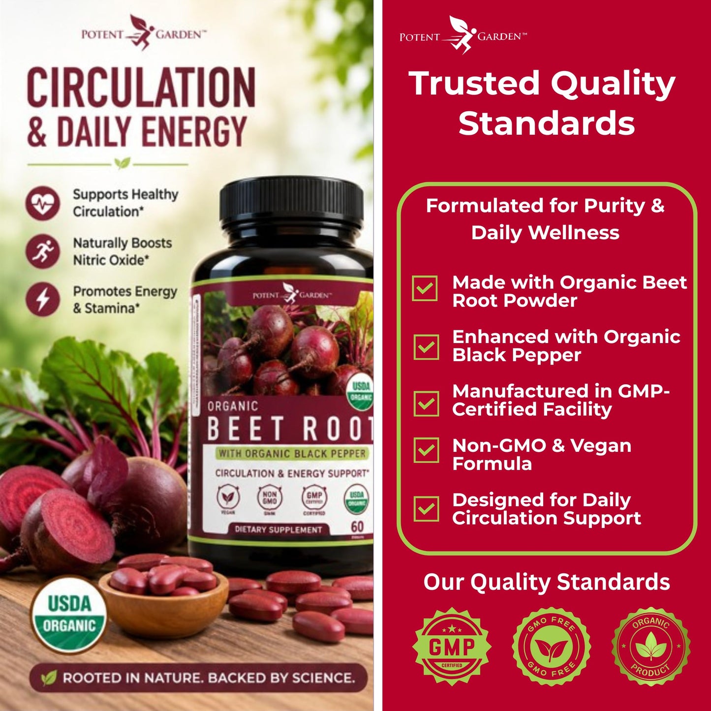 Potent Garden Organic Beet Root Tablets 1350 mg with Black Pepper, 120 Tablets
