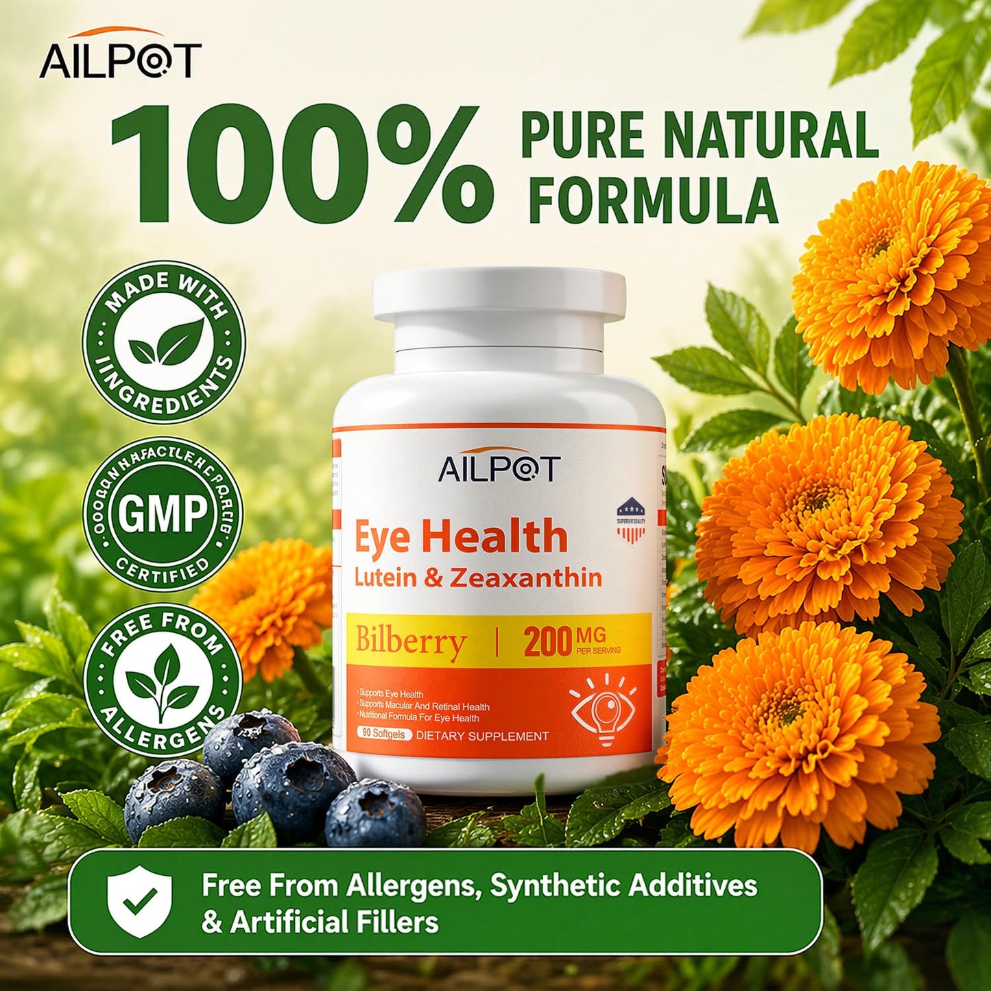 AILPOT Lutein 40mg & Zeaxanthin 8mg Eye Health Caplets, 90 Count