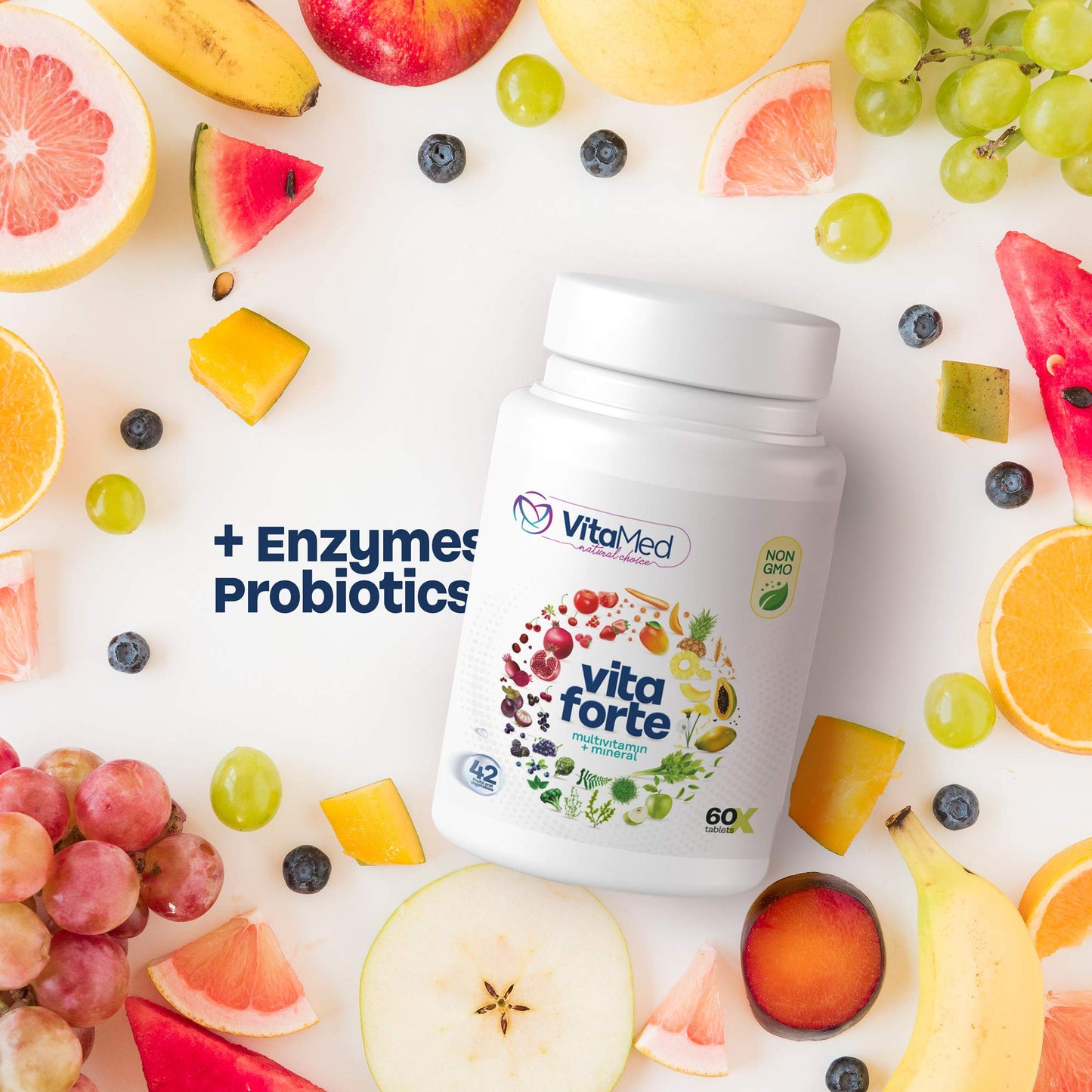 VitaMed Vita Forte Vegan Multivitamin with Probiotics, Digestive Enzymes & 42 Fruits & Vegetables – Halal Certified, Non-GMO, Gluten-Free, Daily Energy & Immune Support – 180 Tablets