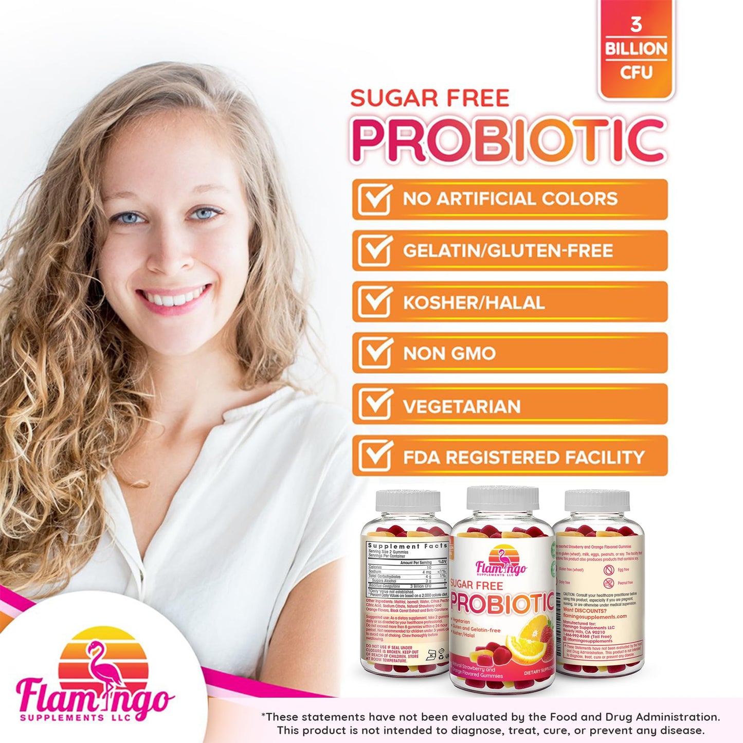 Flamingo Supplements Sugar-Free Probiotic Gummies (3 Billion CFU) Gummy, 90 Count
