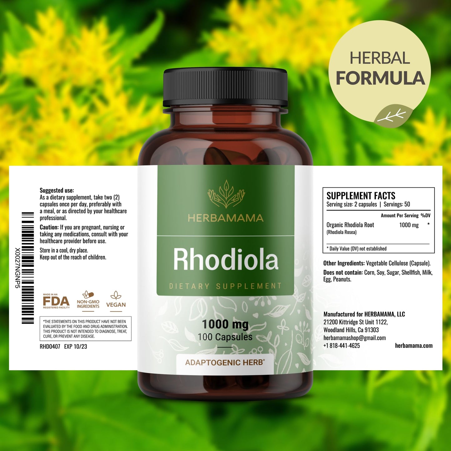 HERBAMAMA Rhodiola Rosea Supplement Capsules, 1000mg Rhodiola Rosea Extract, 200 Capsules